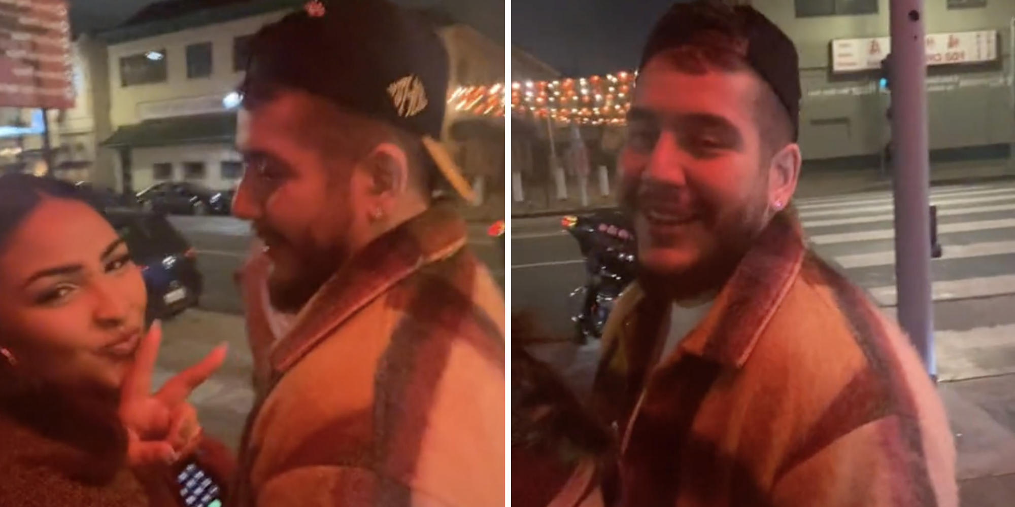 woman giving peace sign with man (l) man in cap (r)