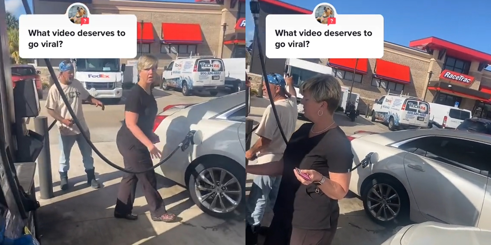woman parked sideways blocking gas pump with caption "what video deserves to go viral?"