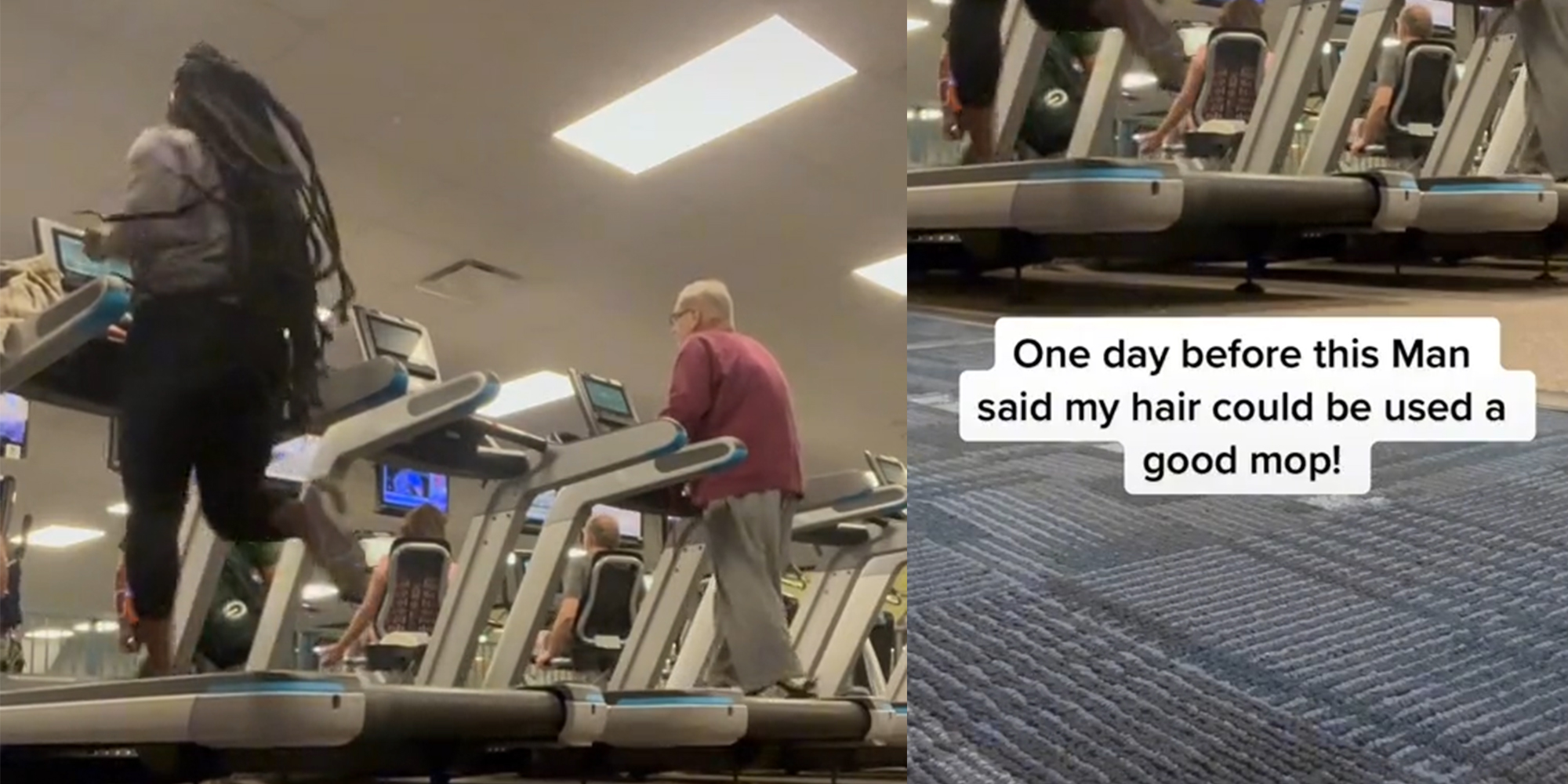 people on treadmills (l) gym carpet with caption "one day before this man said my hair could be used a good mop!"