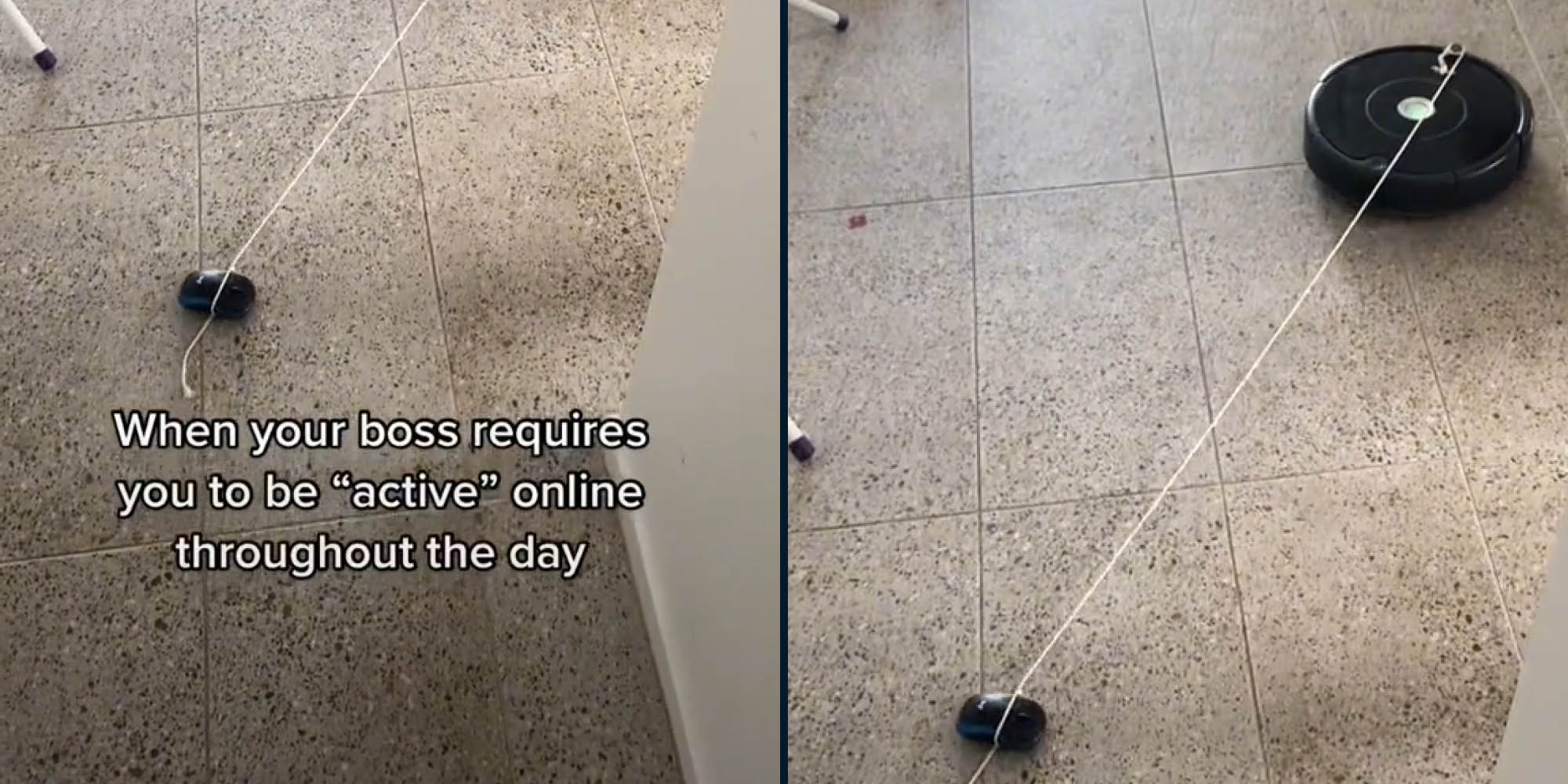 Roomba with computer mouse on string caption " When your boss requires you to be "active" online throughout the day" (l) Roomba with mouse on string(r)