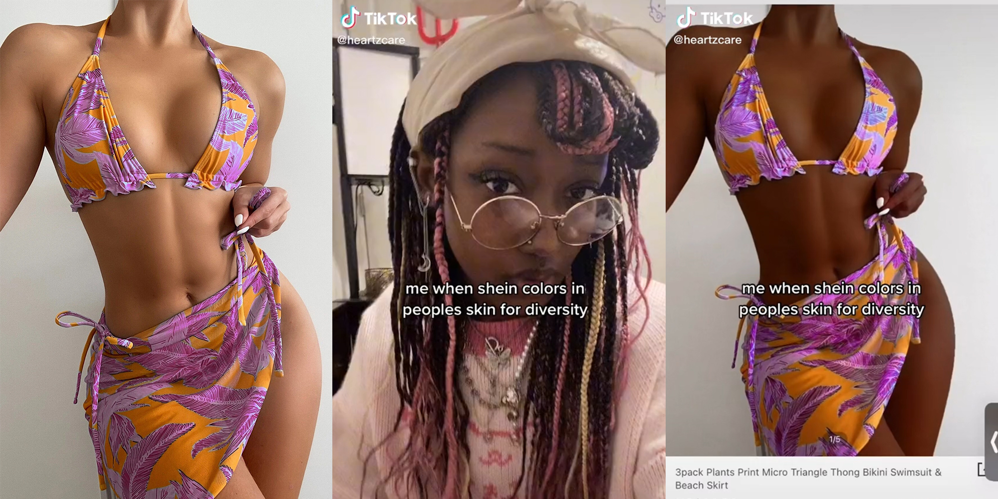 model in swimsuit (l) woman with caption "me when shein colors in peoples skin for diversity" (c) model in swimsuit with skin color darkened (r)