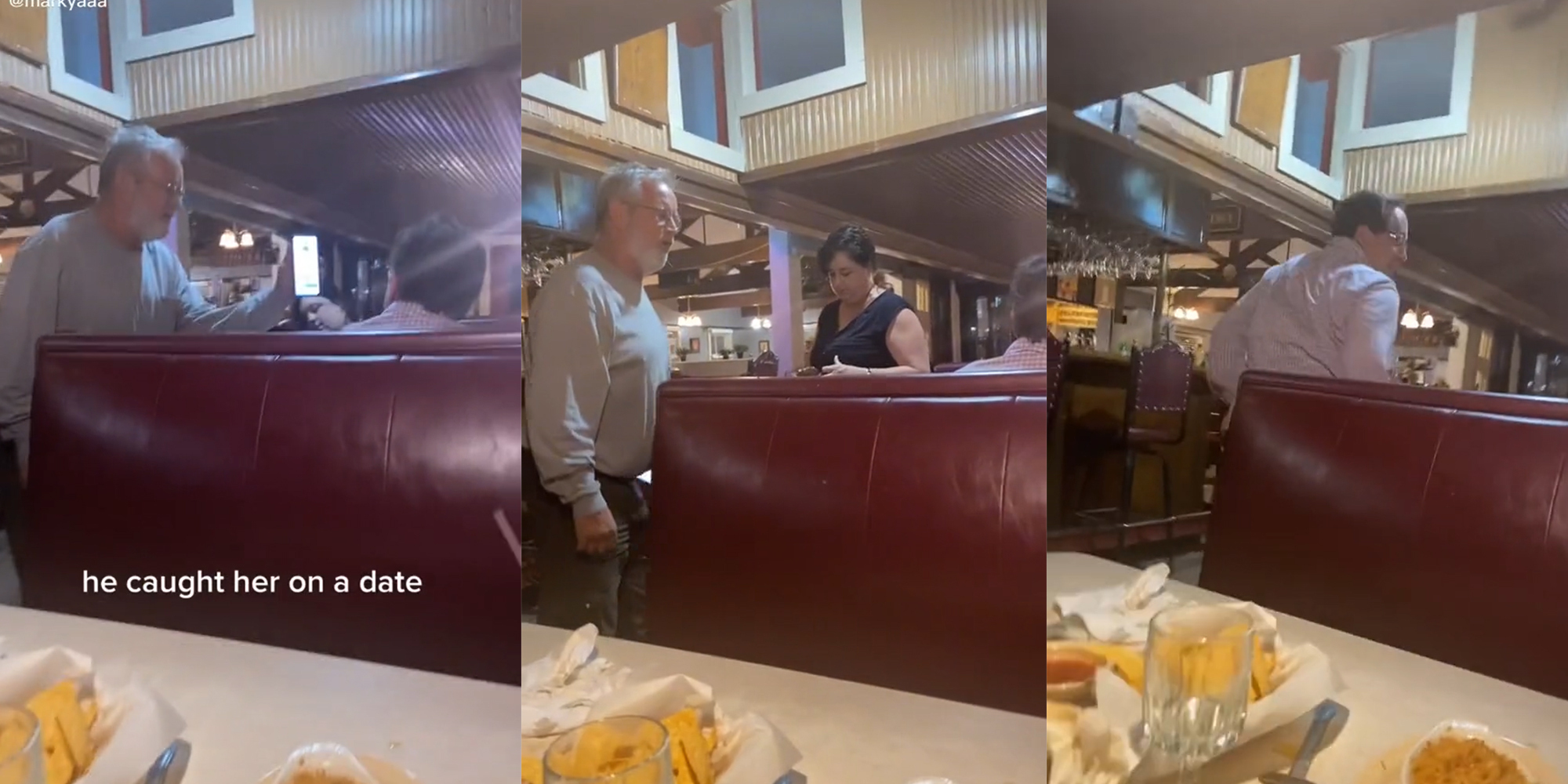 Man with phone caption "he caught her on a date"(l) Man standing aftermath (c) other man leaves (r)