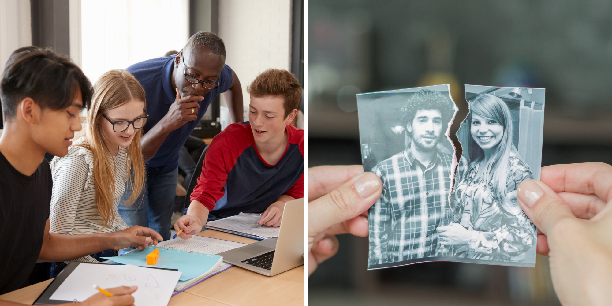 Group of students in lab project (l) Hand holding ripped couple photo (r)