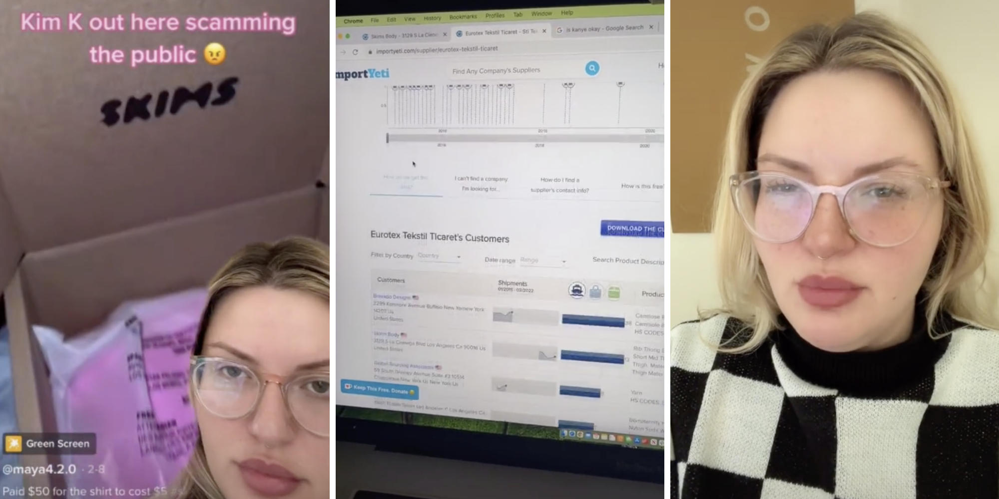 skims box (l) computer screen with order details (m) woman looking angry (r)