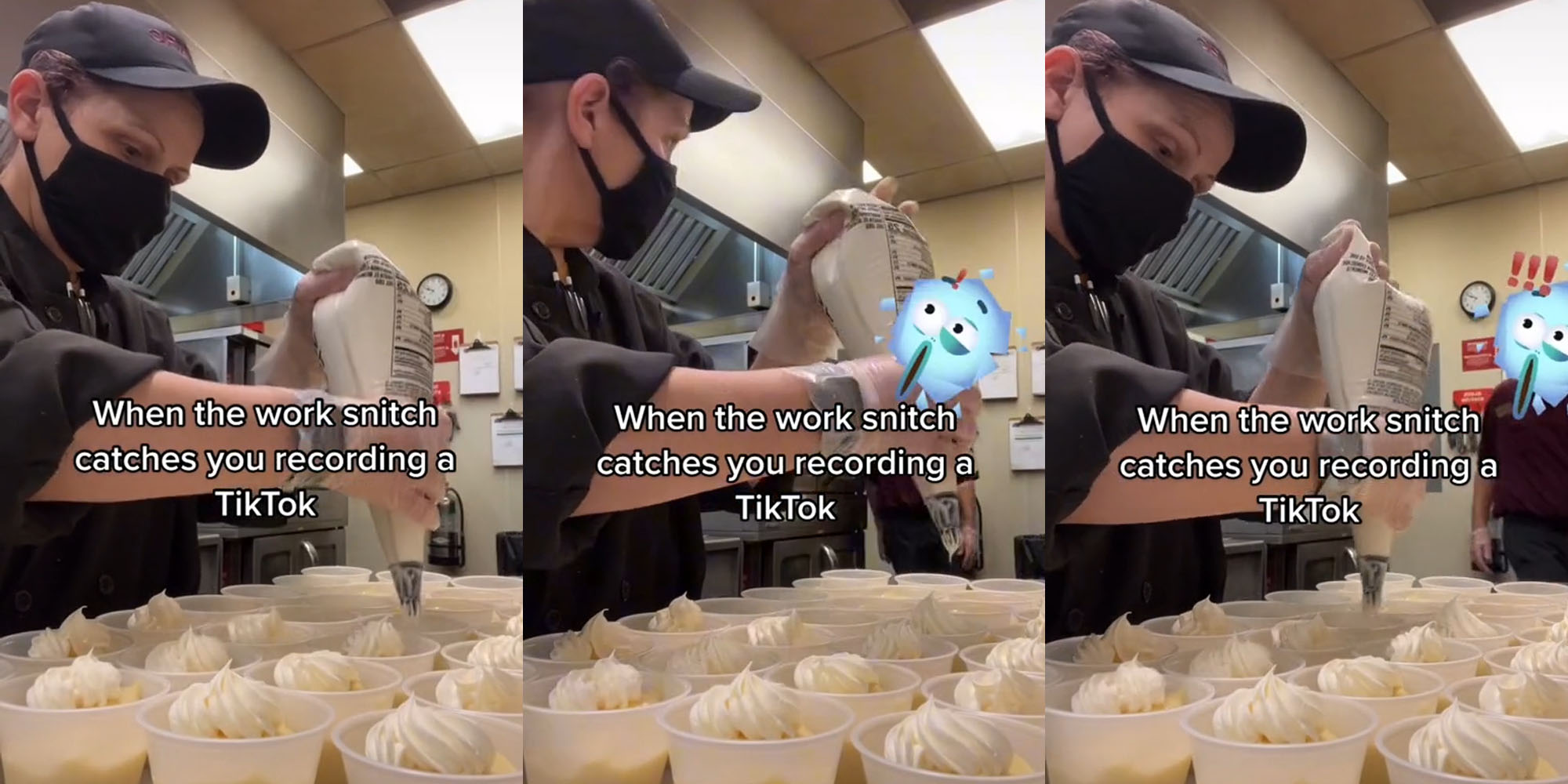 food service employee making desserts caption " When the work snitch catches you recording a TikTok"(l)food service employee making desserts looking to her side caption " When the work snitch catches you recording a TikTok"(c)food service employee making desserts other worker to her side caption " When the work snitch catches you recording a TikTok"