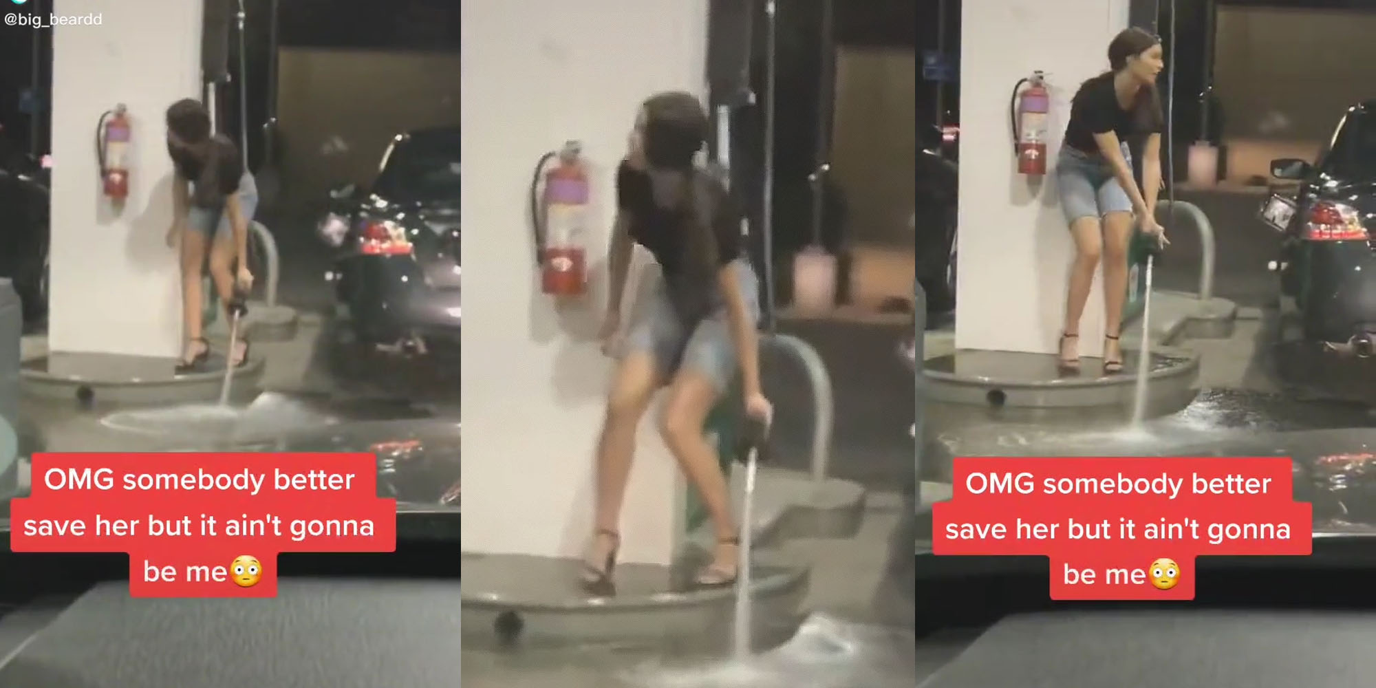 woman holding gasoline pump spilling caption "OMG somebody better save her but it ain't gonna be me blush emoji"(l) woman spilling gas confused(c) woman holding gas pump looking around same caption(r)