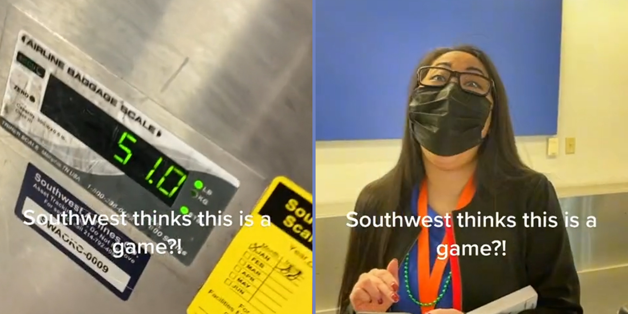 Scale weighing in 51.0 lbs with caption " Southwest thinks this is a game?!"(l) Southwest female employee laughing after caught pushing scale caption " Southwest thinks this is a game ?!" (r)