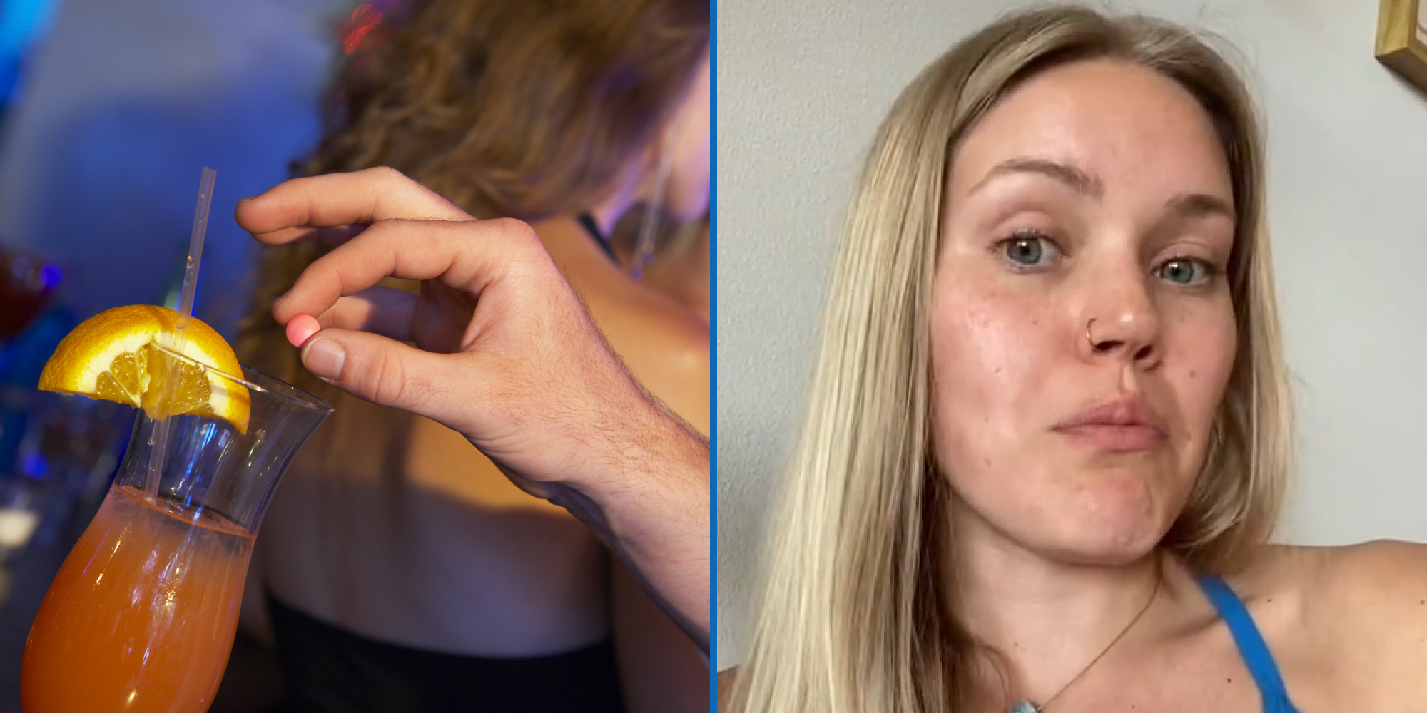 man spiking drink at bad (l) woman grossed out expression (r)