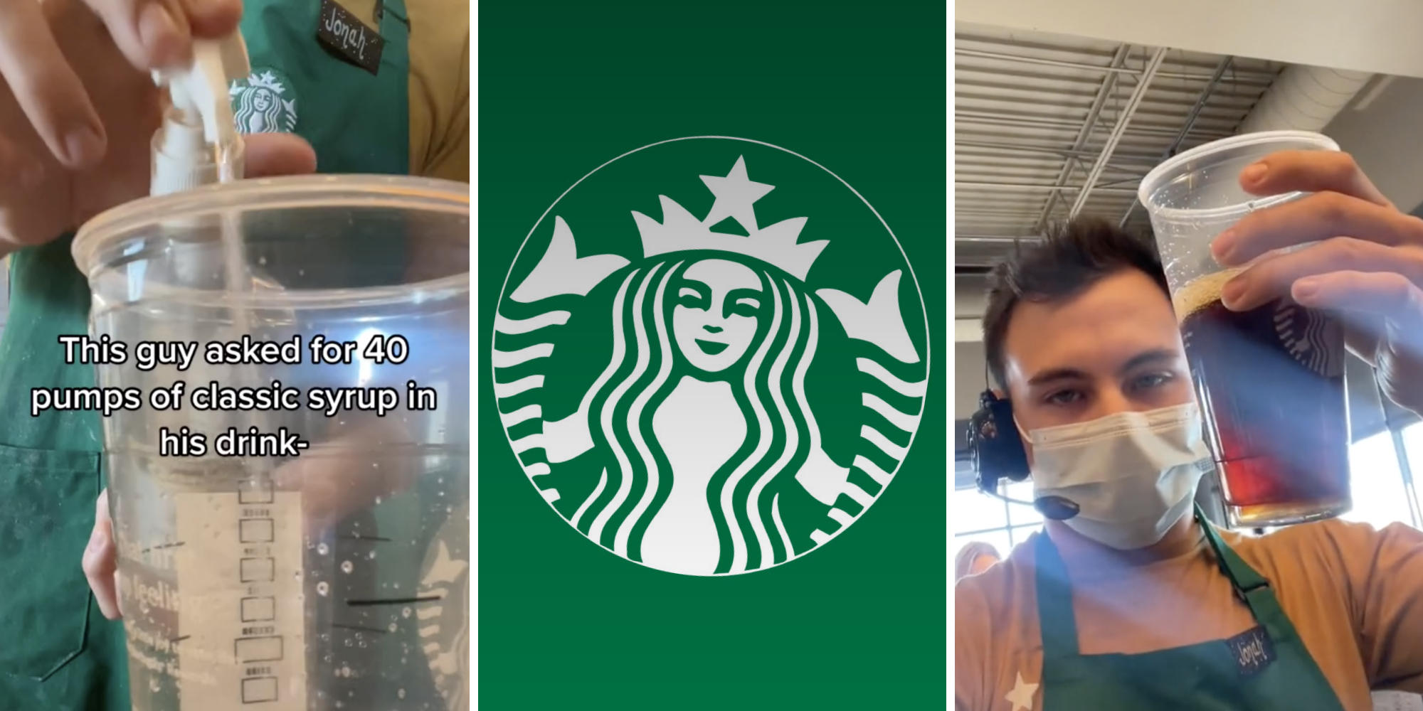 starbucks worker pumping syrup into cup (l) starbucks logo (m) worker holding up finished drink (r)