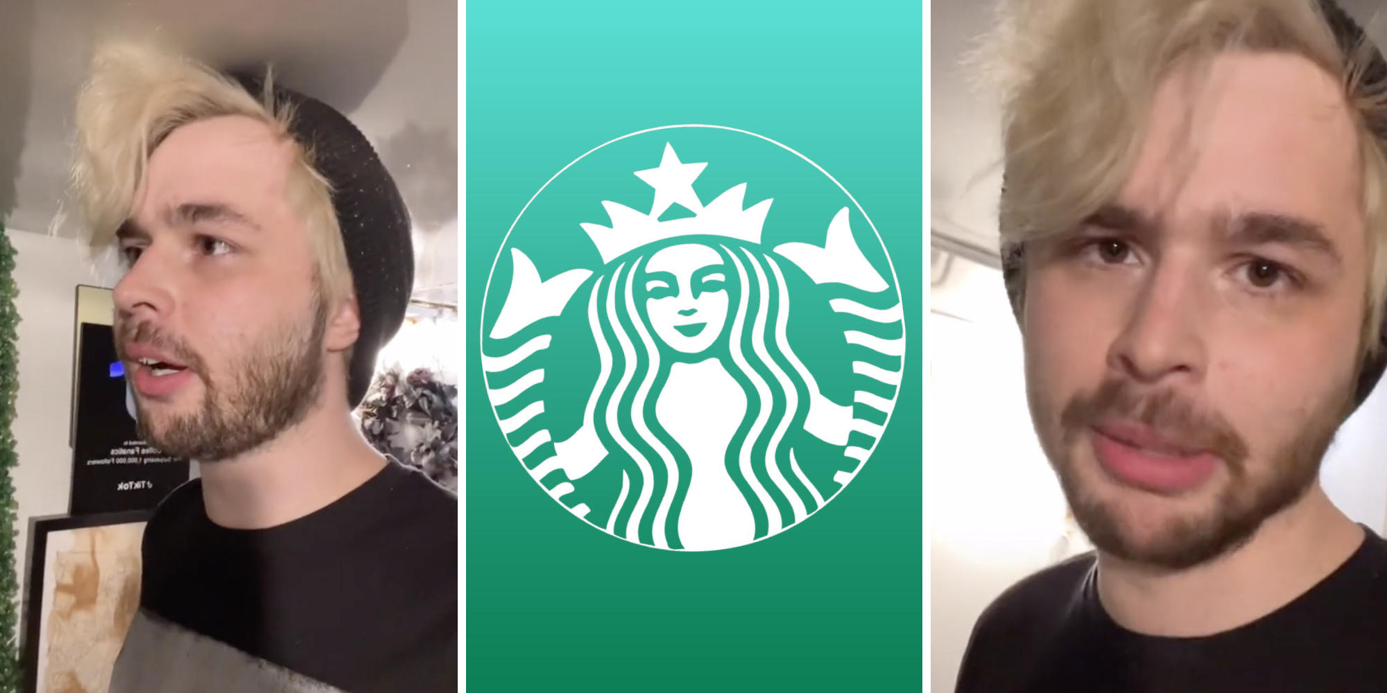 starbucks worker ranting (l) (r) starbucks logo (m)