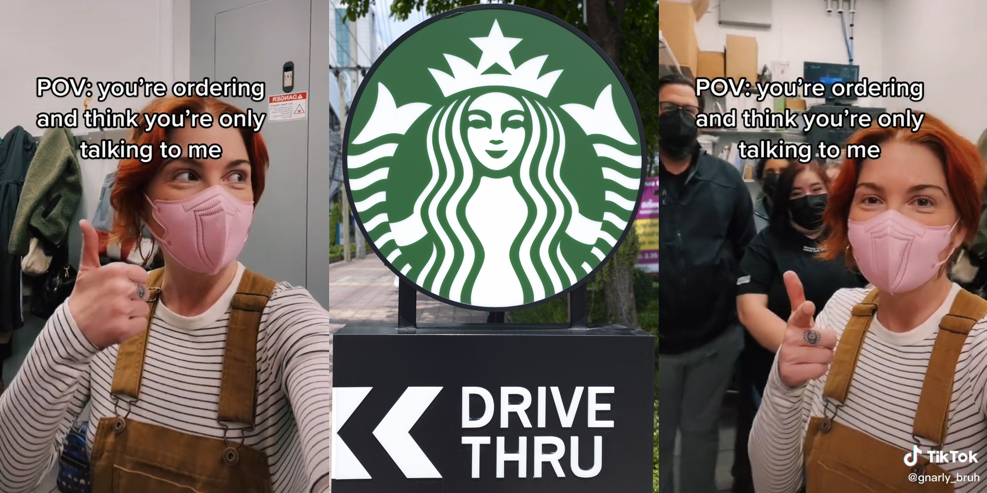 young woman in mask giving thumbs up with caption "POV: you're ordering and think you're only talking to me" (l) starbucks drive thru sign (c) same young woman pointing with four people standing behind her and same caption (r)