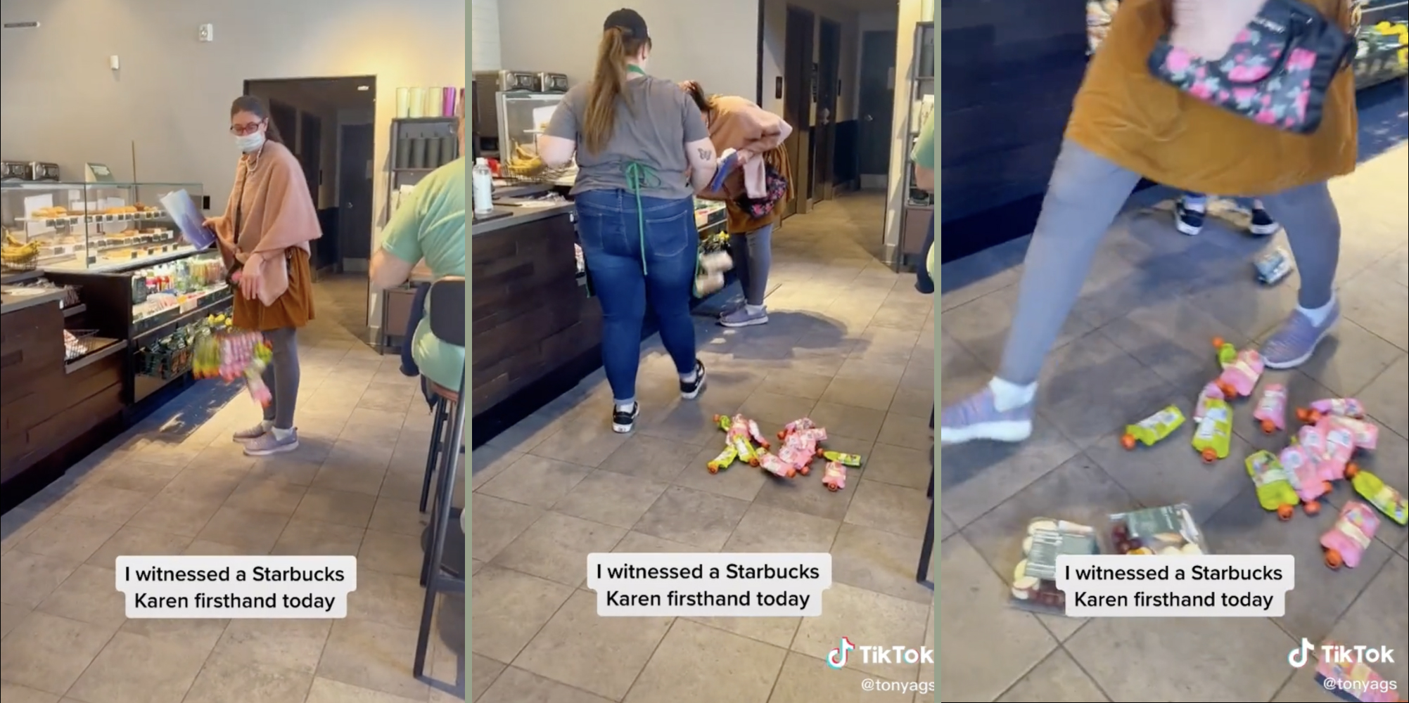 Woman dumps out baskets of snacks at a Starbucks