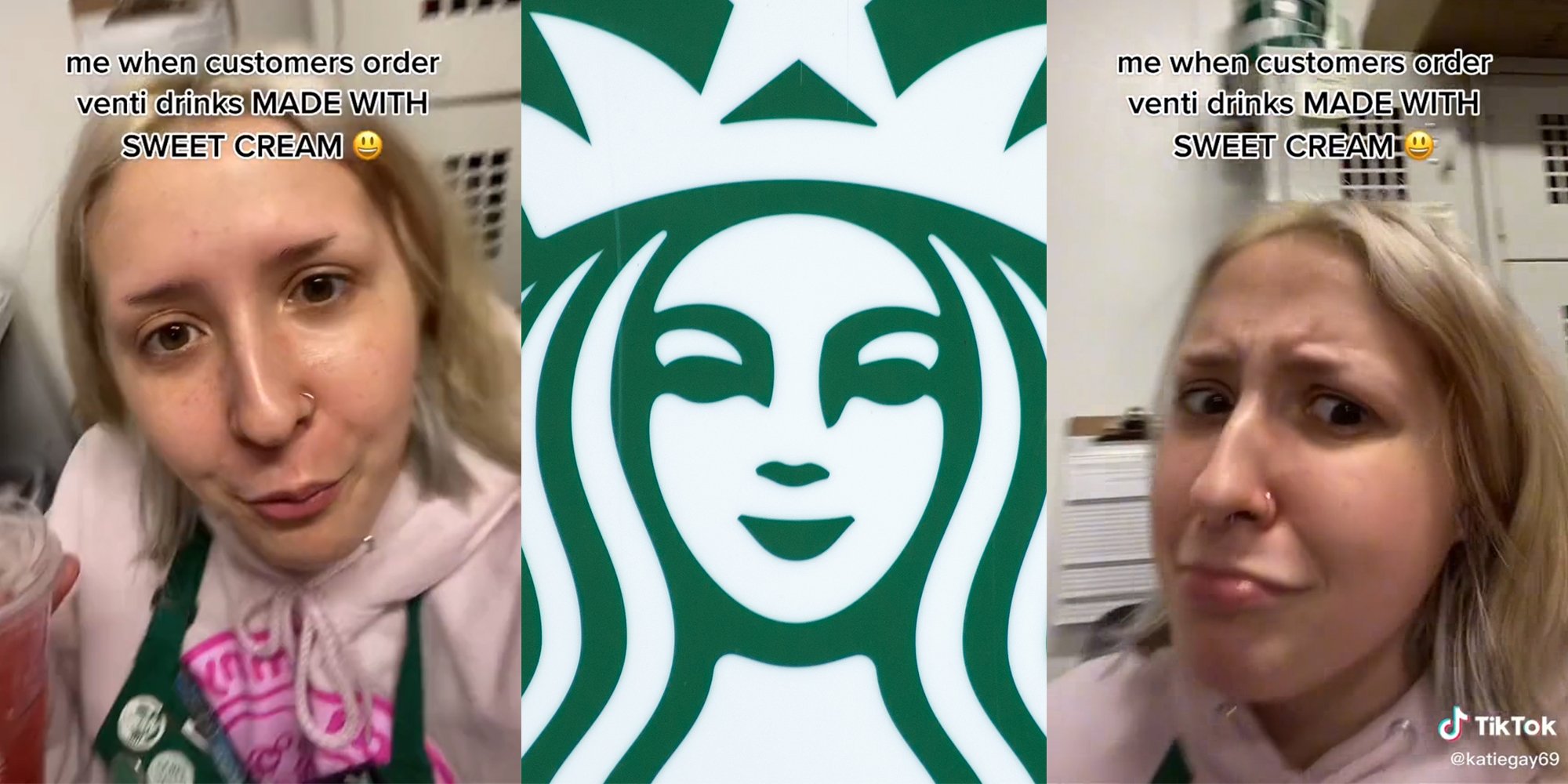young woman with caption "me when customers order venti drinks MADE WITH SWEET CREAM" (l&r) starbucks logo (c)
