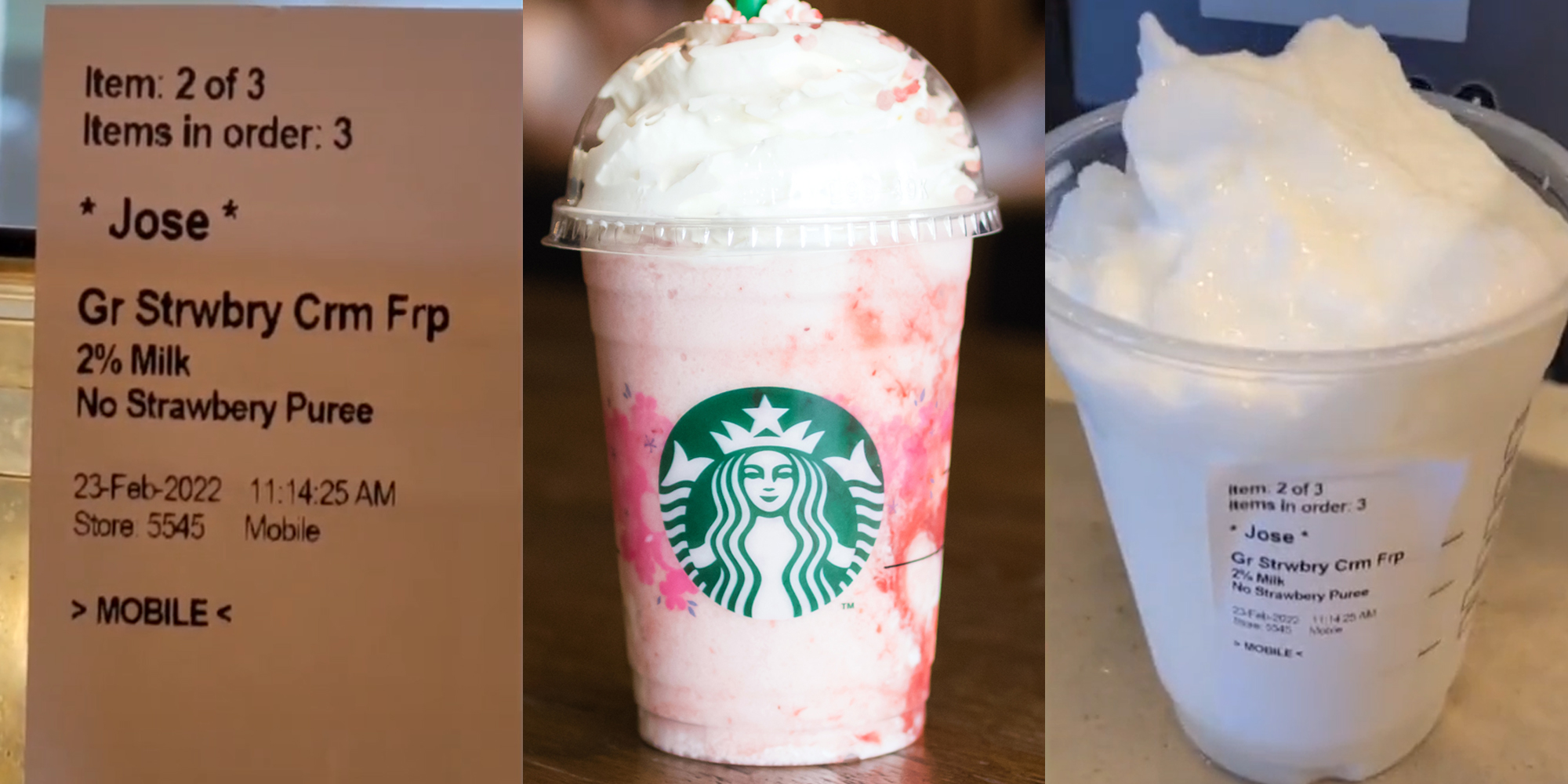 order of "Gr Strwbry Crm Frp" 2% Milk No Strawberry Puree (l) Starbucks cup (c) starbucks special order with just foamed milk (r)