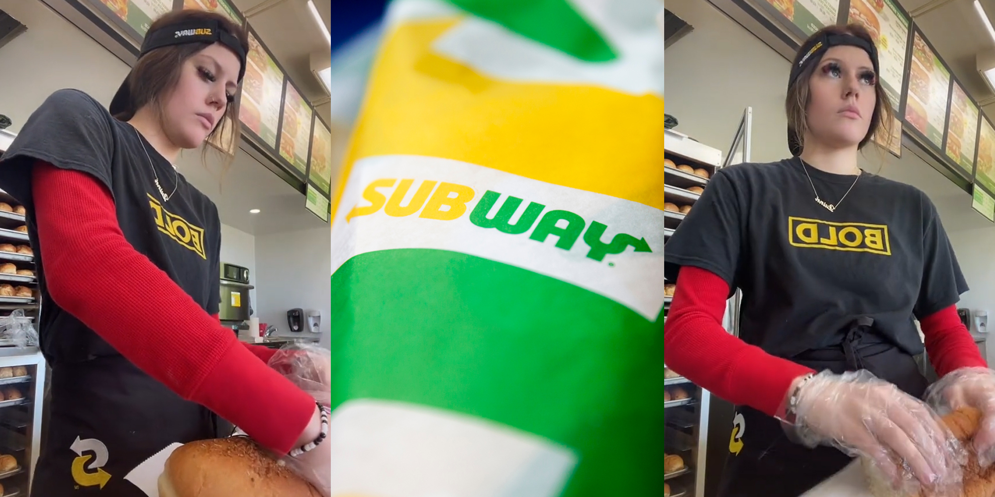 subway worker making sandwich (l & r) subway sandwich wrap (c)