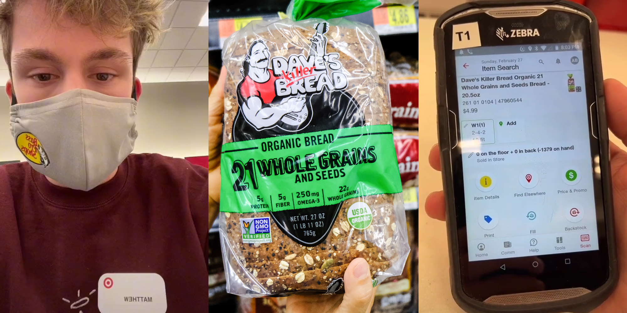 target worker (l) hands holding Dave's Killer Bread (c) handheld device showing Dave's Killer Bread at -1379 inventory (r)