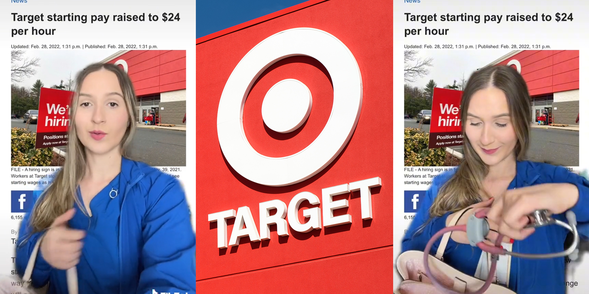 young woman in scrubs placing stethoscope into bag with background of a "Target starting pay raised to $24 per hour" news story (l&r) target logo (c)
