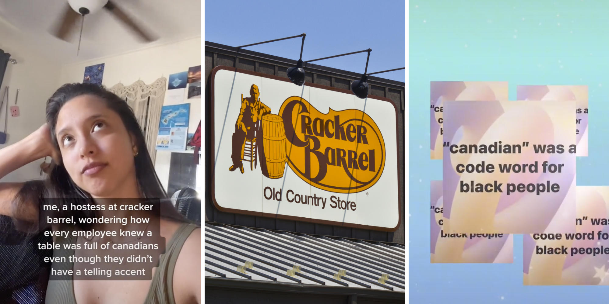 woman lost in thought (l) cracker barrel store (m) screenshot of the words "canadian was a code word for black people"