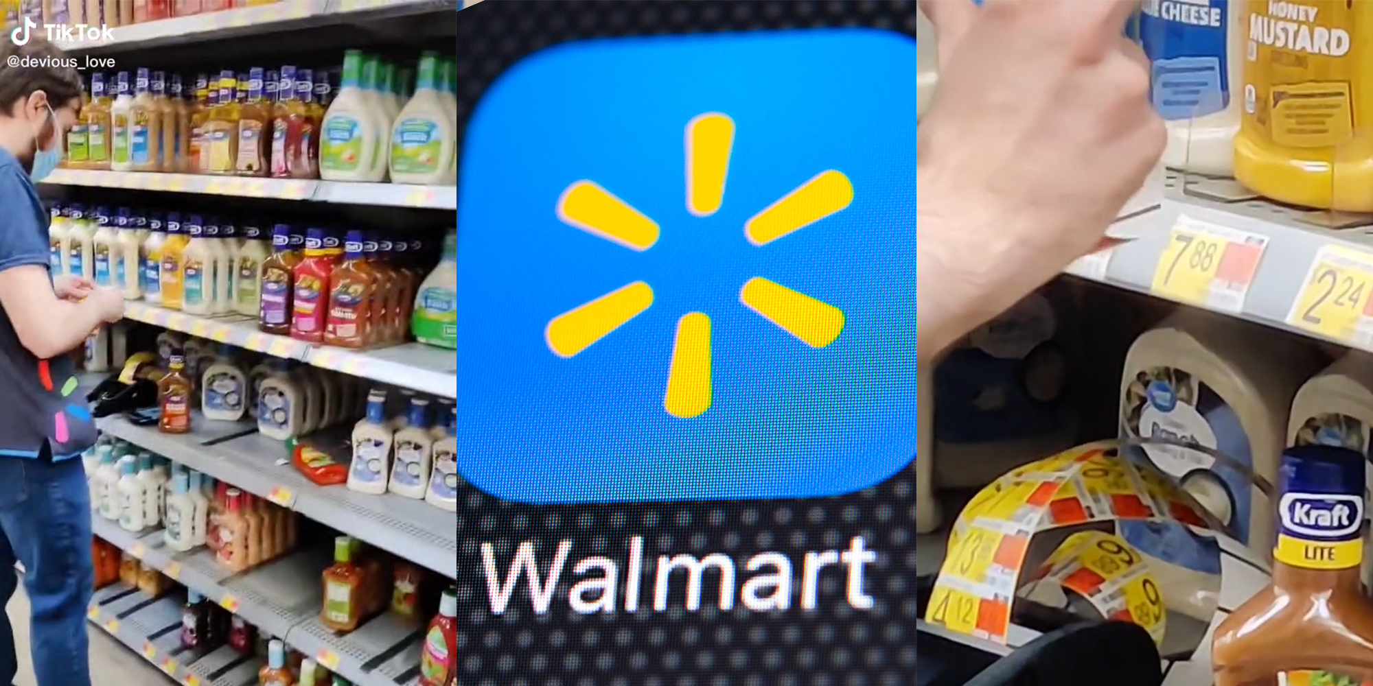 walmart worker changing price tags of salad dressing from 2.24 to 7.88 (l & r) walmart logo (c)
