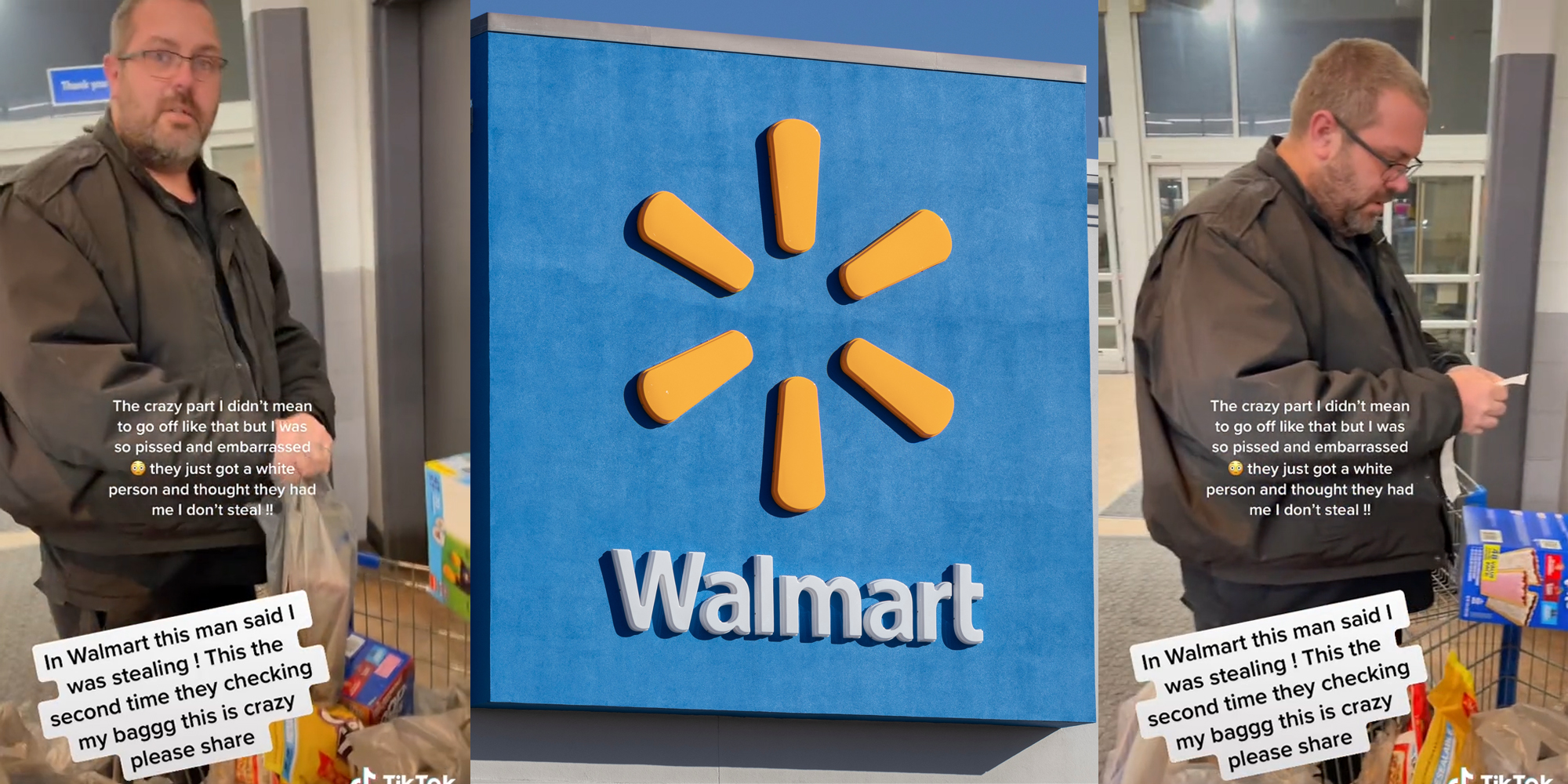 walmart security checking bags of shopper with caption "in walmart this man said i was stealing! this the second time they checking my baggg this is crazy please share"