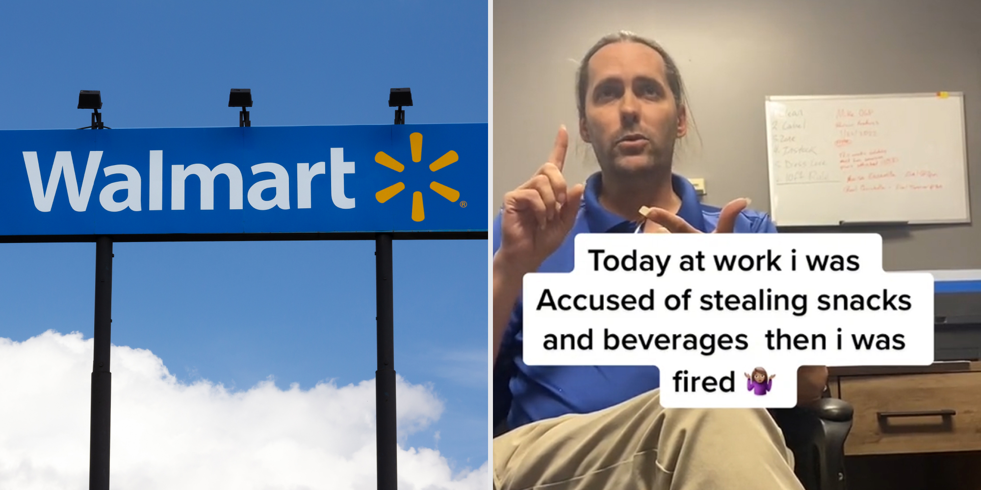 Walmart shutterstock image (l) Walmart manager pointing fingers caption " Today at work i was accused of stealing snacks and beverages and then i was fired"
