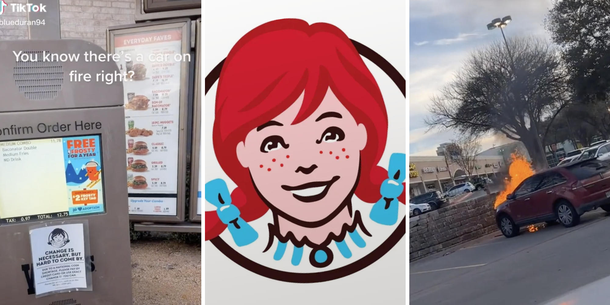 wendys drivethru (l) wendys logo (m) car on fire (r)