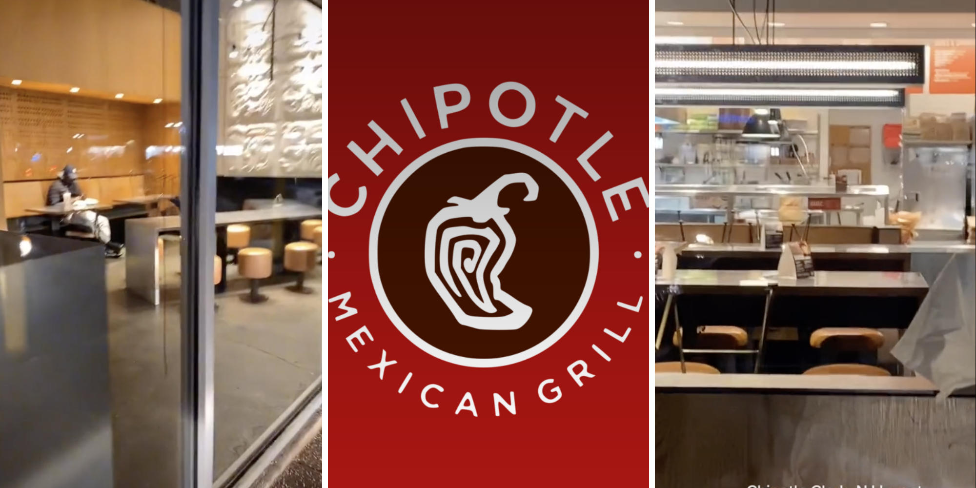 indoors of chipotle store (l) chipotle logo (m) chipotle seats (r)
