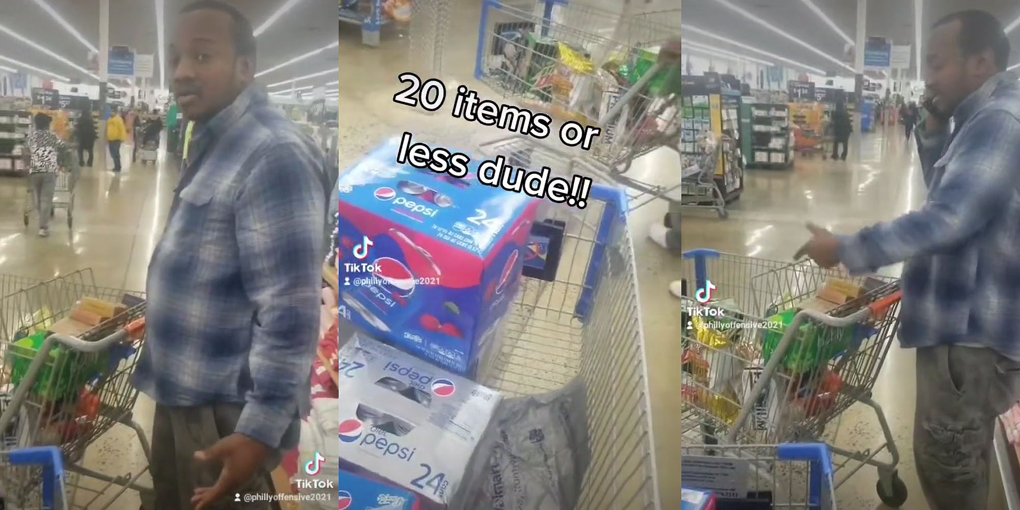 Man in line at Walmart with shopping cart lots of items (l) cameraman cart and other mans cart with caption "20 items or less dude!!" (c) Man at Walmart shopping cart full on phone while pointing to cart (r)