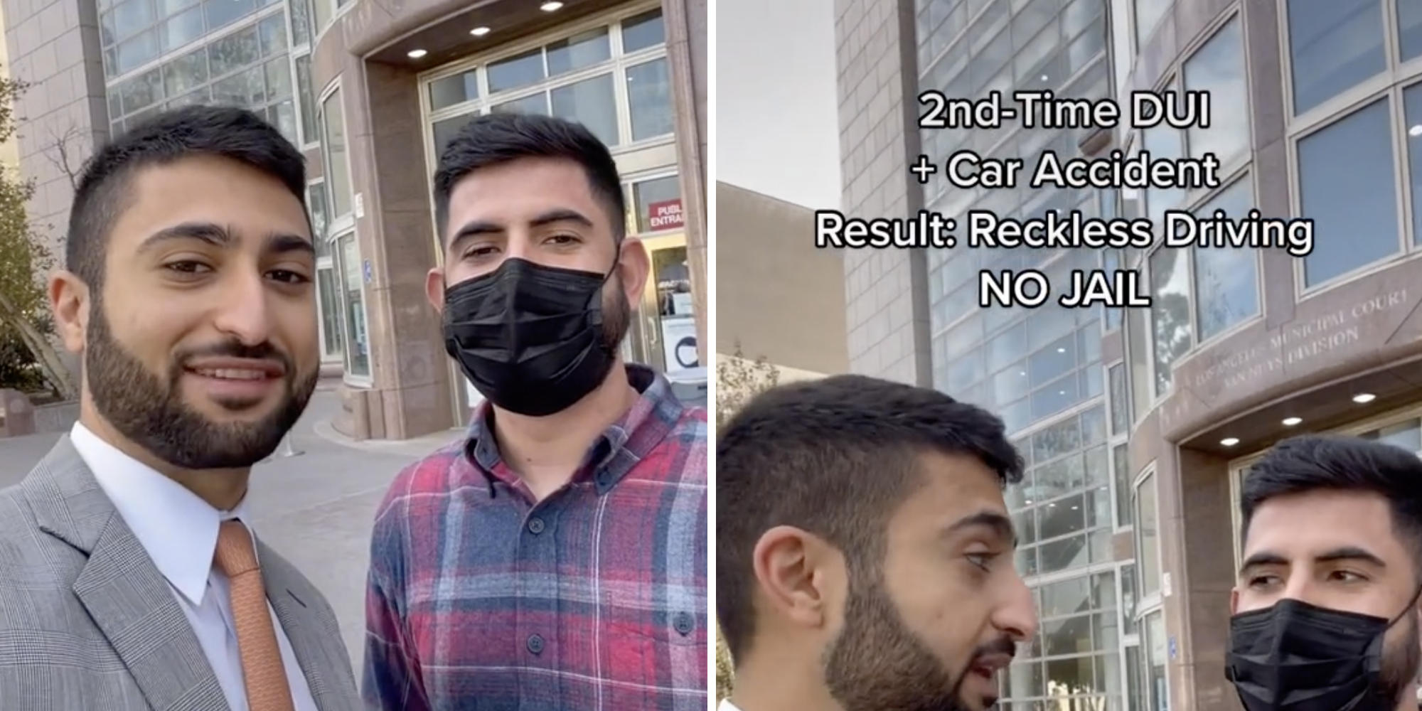 lawyer and man looking at camera (l) lawyer and man looking at each other (r)