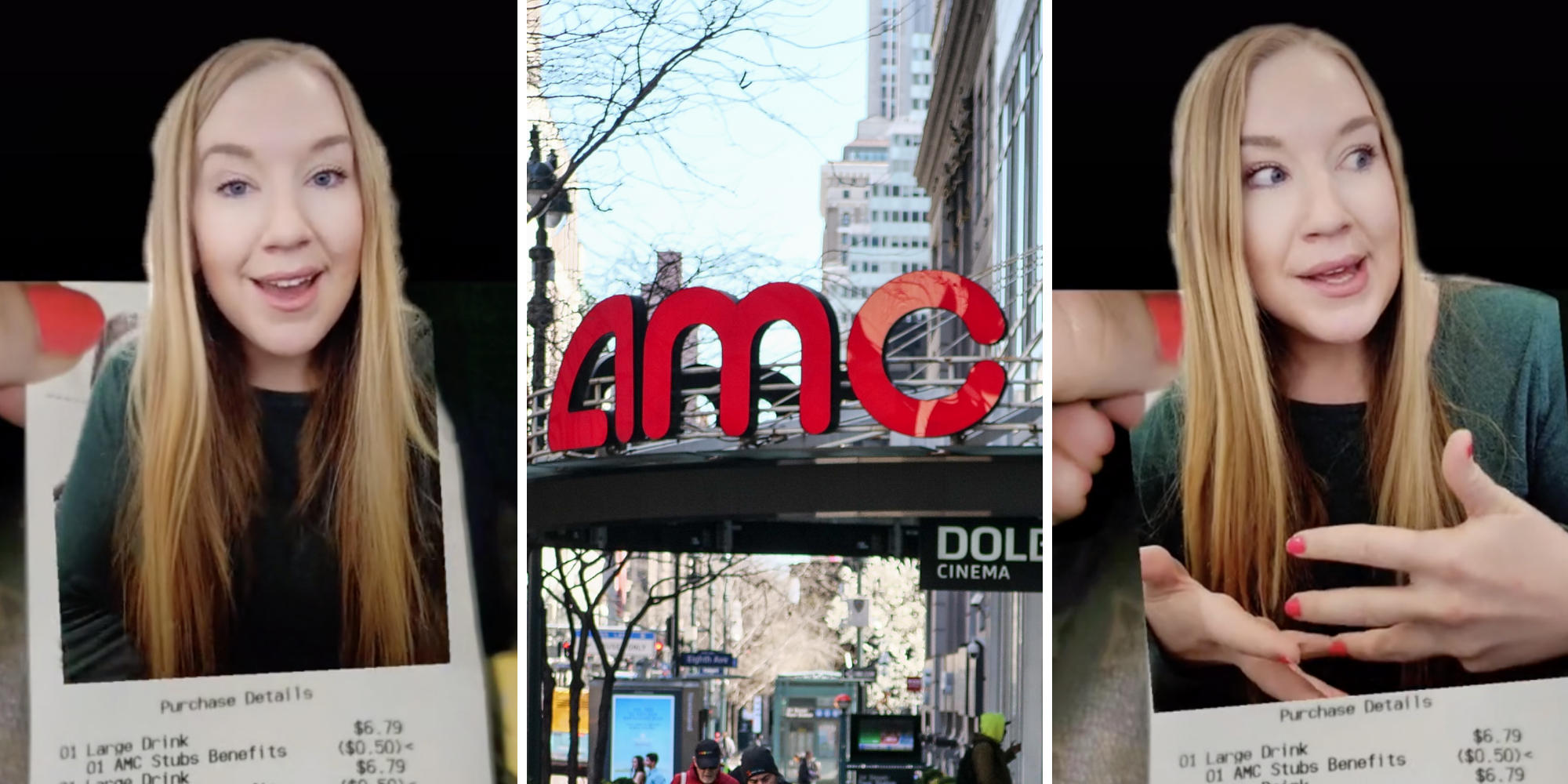 woman recounting her story (l) (r) amc theatre (m)