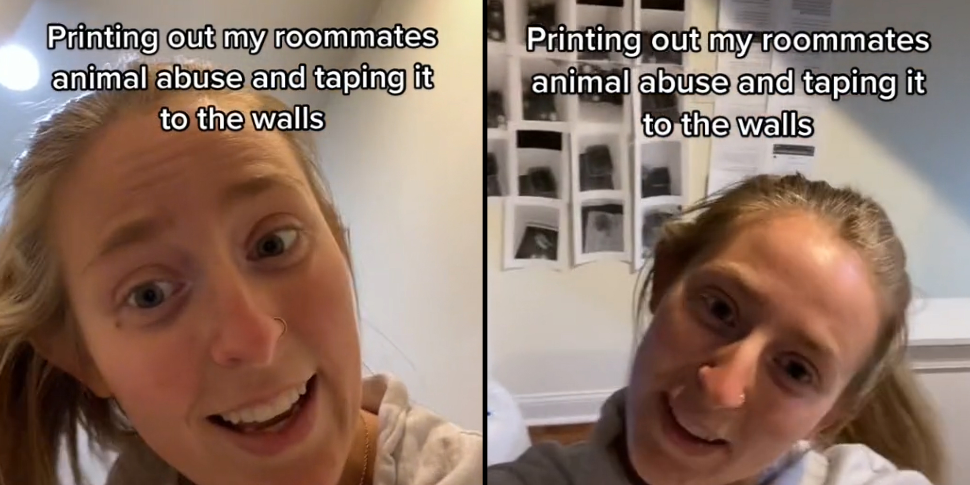 Woman shaking hair caption "Printing out my roomates animal abuse and taping it to the walls" (l) Woman shaking hair behind her is wall with the animal abuse taped up caption "Printing out my roomates animal abuse and taping it to the walls" (r)