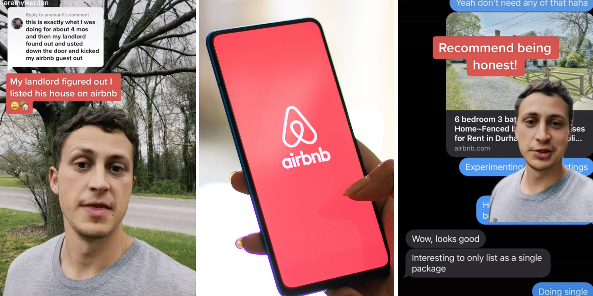 person talking to camera with landlord text (l) airbnb phone (m) person showing phone texts (r)