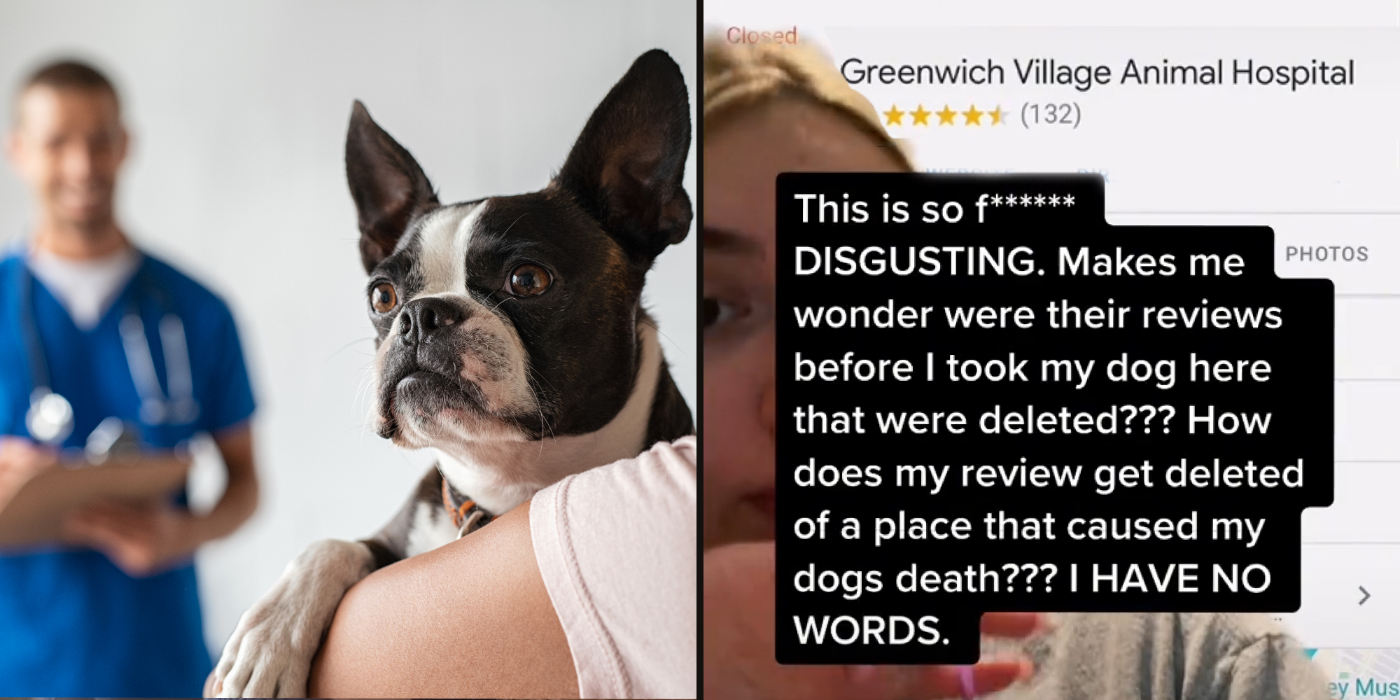 Woman holding dog vet blurred in background (l) Woamn greenscreen tiktok over vet google search caption " This is so fucking DISGUSTING> Makes me wonder were their reviews before I took my dog here that were deleted??? How does my review get deleted of a place that caused my dogs death??? I HAVE NO WORDS." (r)"
