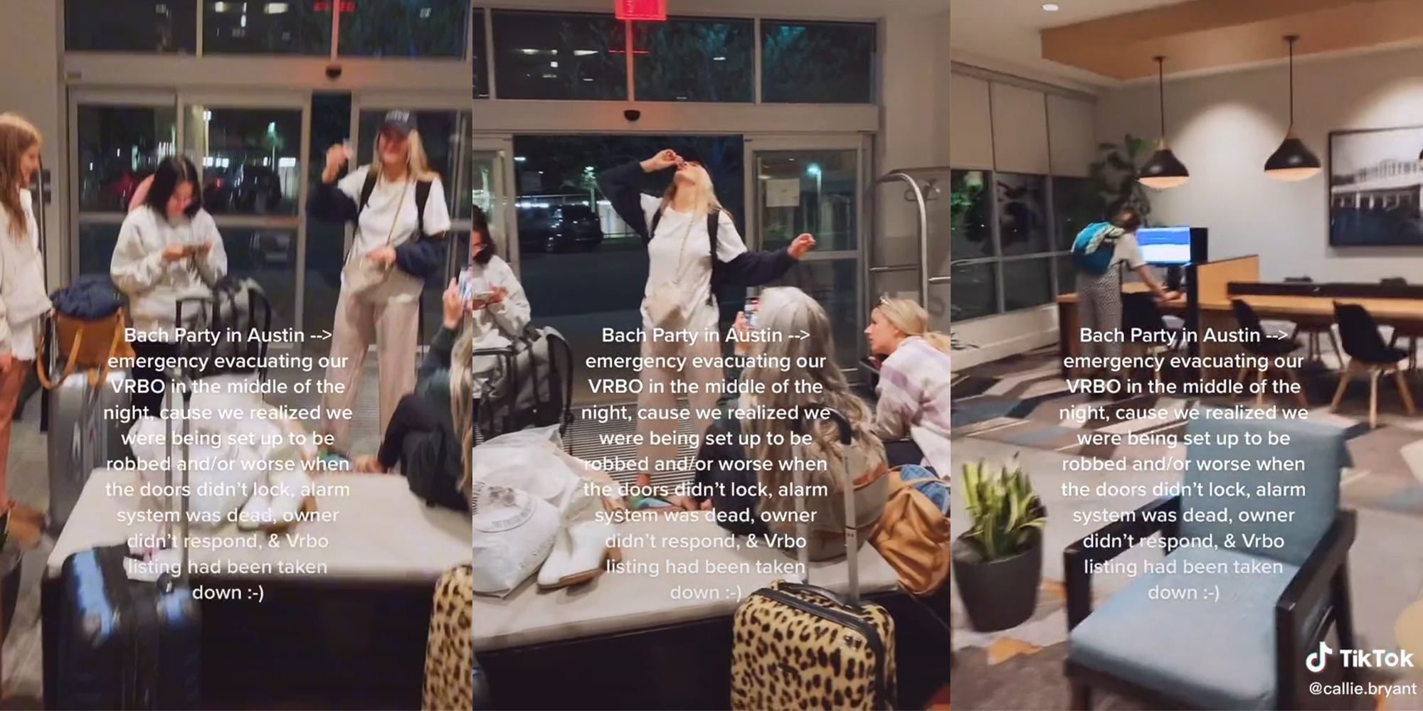people gathered in lobby with caption "Bach Party in Austin emergency evacuating our VRBO in the middle of the night cause we realized we were being set up to be robbed and/or worse when the doors didn't lock, alarm didn't respond, and Vrbo listing had been taken down :-)"