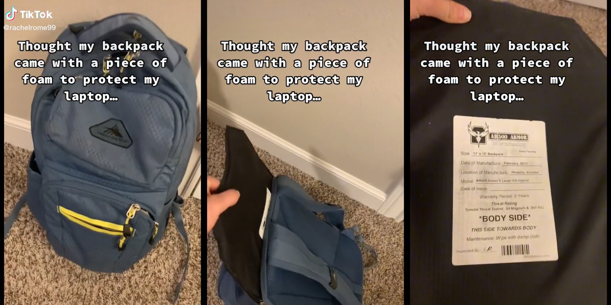 hand pulling armor plate out of backpack with caption "thought my backpack came iwth a piece of foam to protect my laptop"