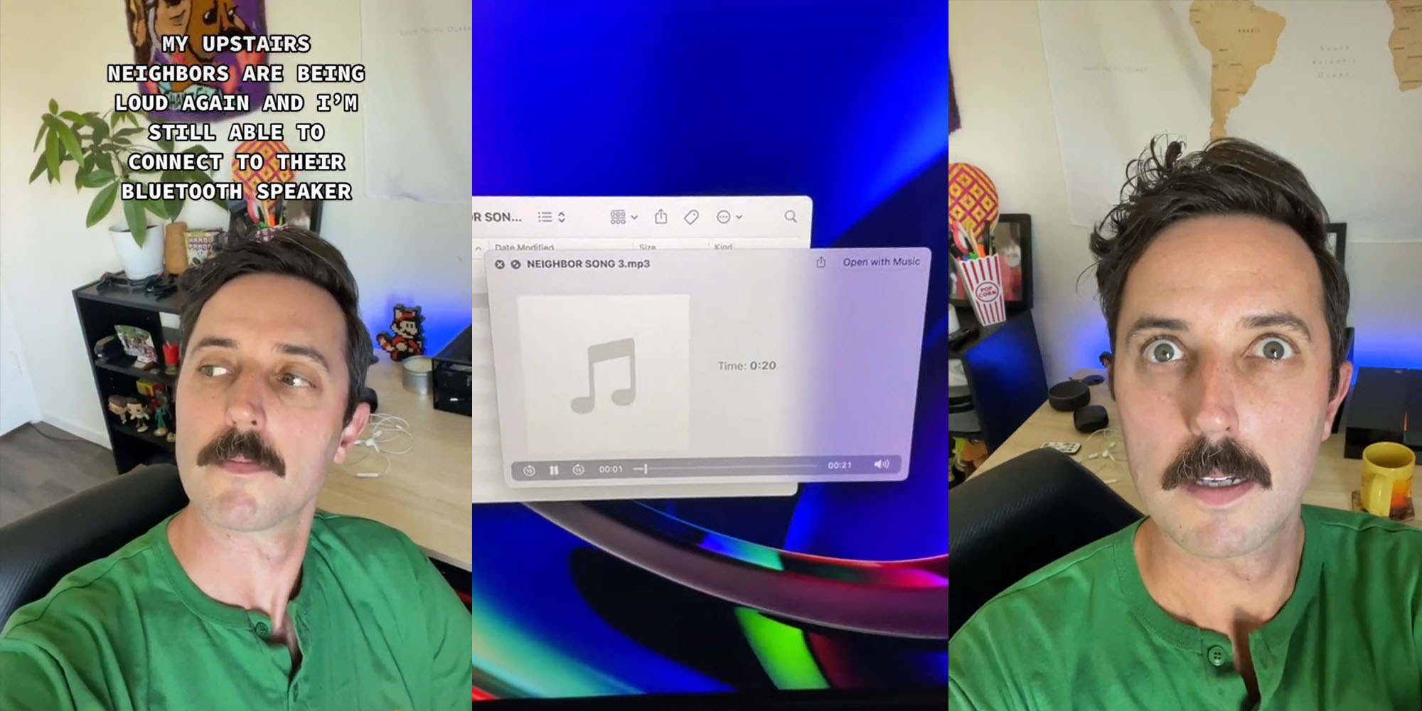 Man in chair at desk caption " My upstiars neighbors are being loud again and I'm still able to connect to their bluetooth speaker" (l) Computer screen "Neighbor Song 3" on screen (c) Man in chair odd expression (r)