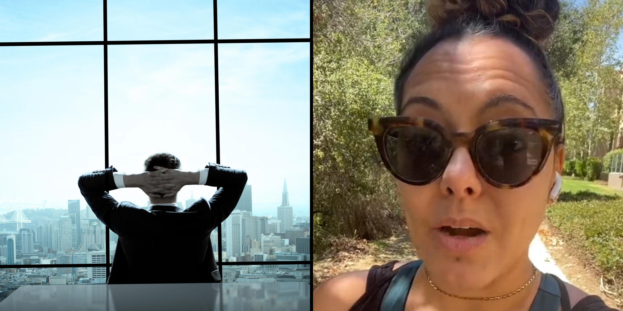 boss man sitting high hands behind head relaxed admiring office window view (l) woman in sunglasses speaking outside (r)