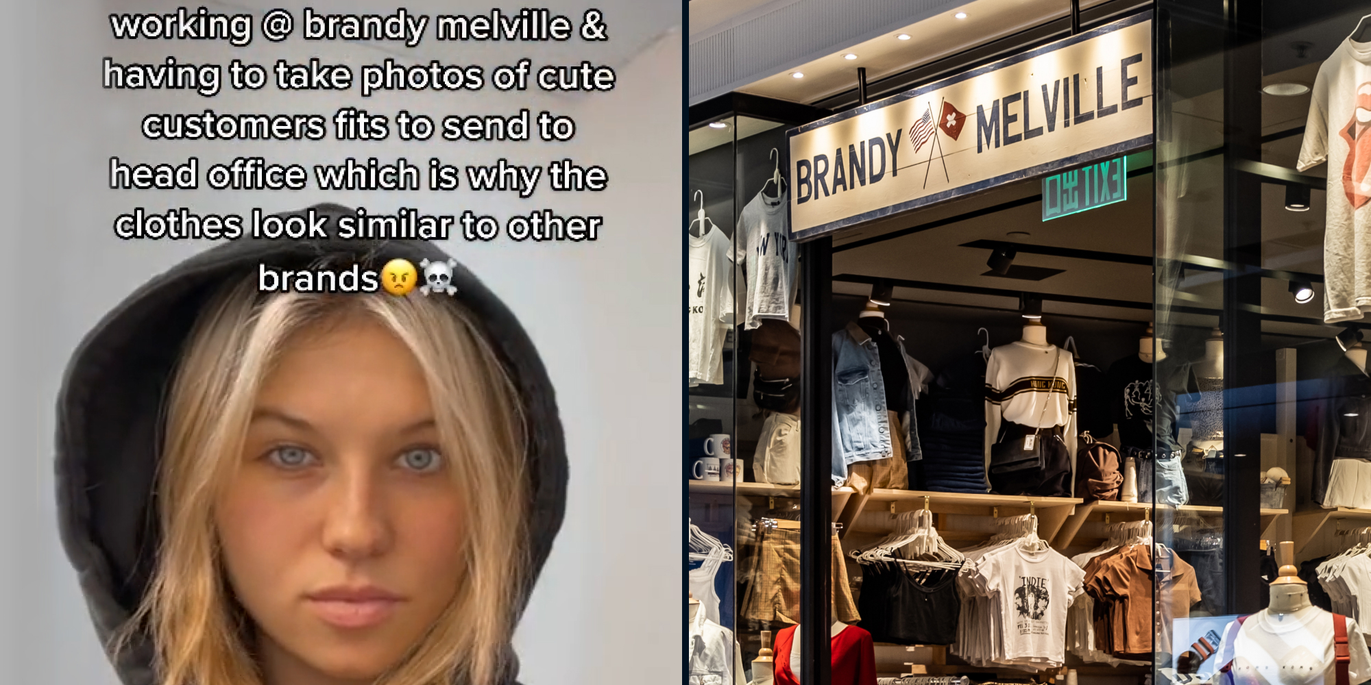Woman in hoodie caption "working @ brandy melville and having to take photos of cute customers fits to send to head office which is why the clothes look similar to other brands" (l) Brandy Melville clothing store with sign (r)