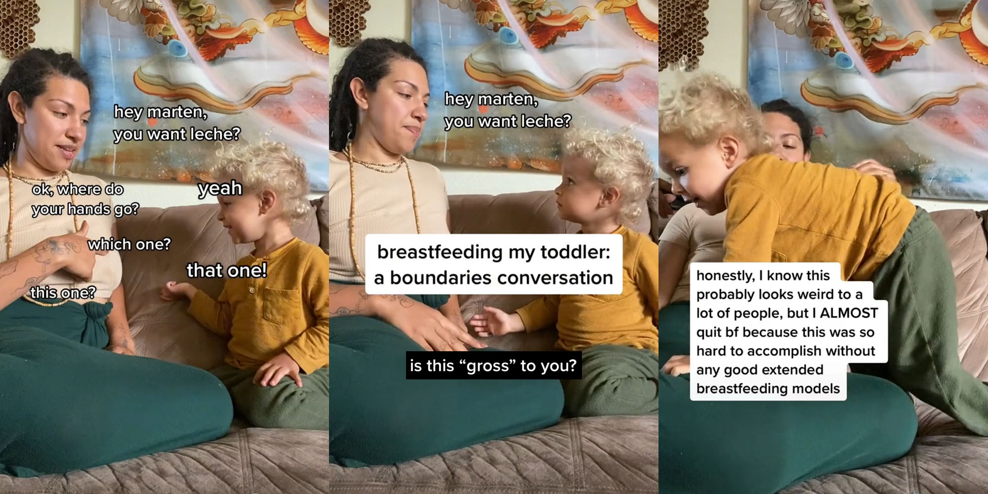 Woman and toddler on couch caption " hey marten, you want leche? yeah ok, where do your hands go? which one? that one! this one?" (l) Woman and toddler on couch caption "breastfeeding my toddler: a boundaries conversation" " hey marten, you want leche?" "is this "gross" to you?" (c) Woman and toddler on couch caption " honestly I know this probably looks weird to a lot of people but I ALMOST quit because this was so hard to accomplish without any good extended breastfeeding models" (r)