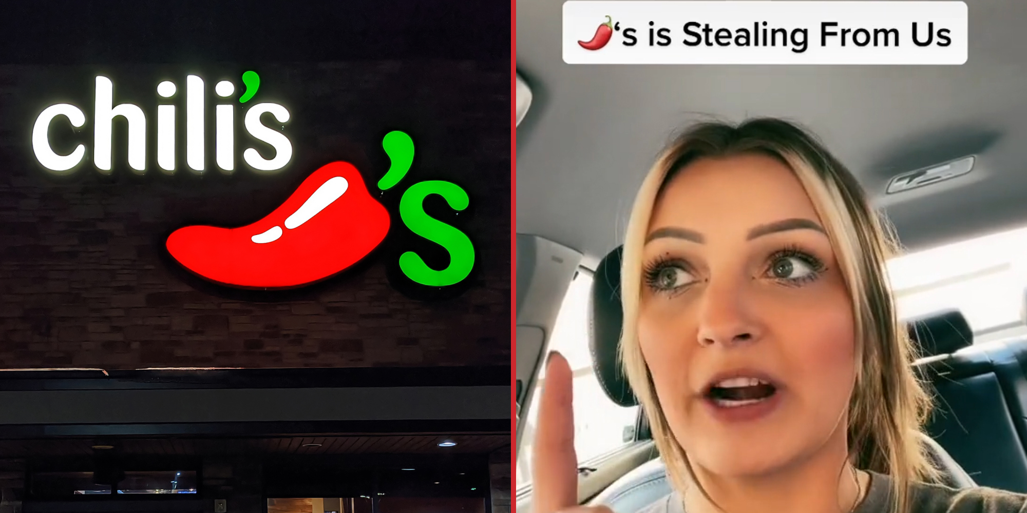 Chili's restaurant sign on building at night (l) woman in car finger up caption "Chili's is stealing from us" (r)