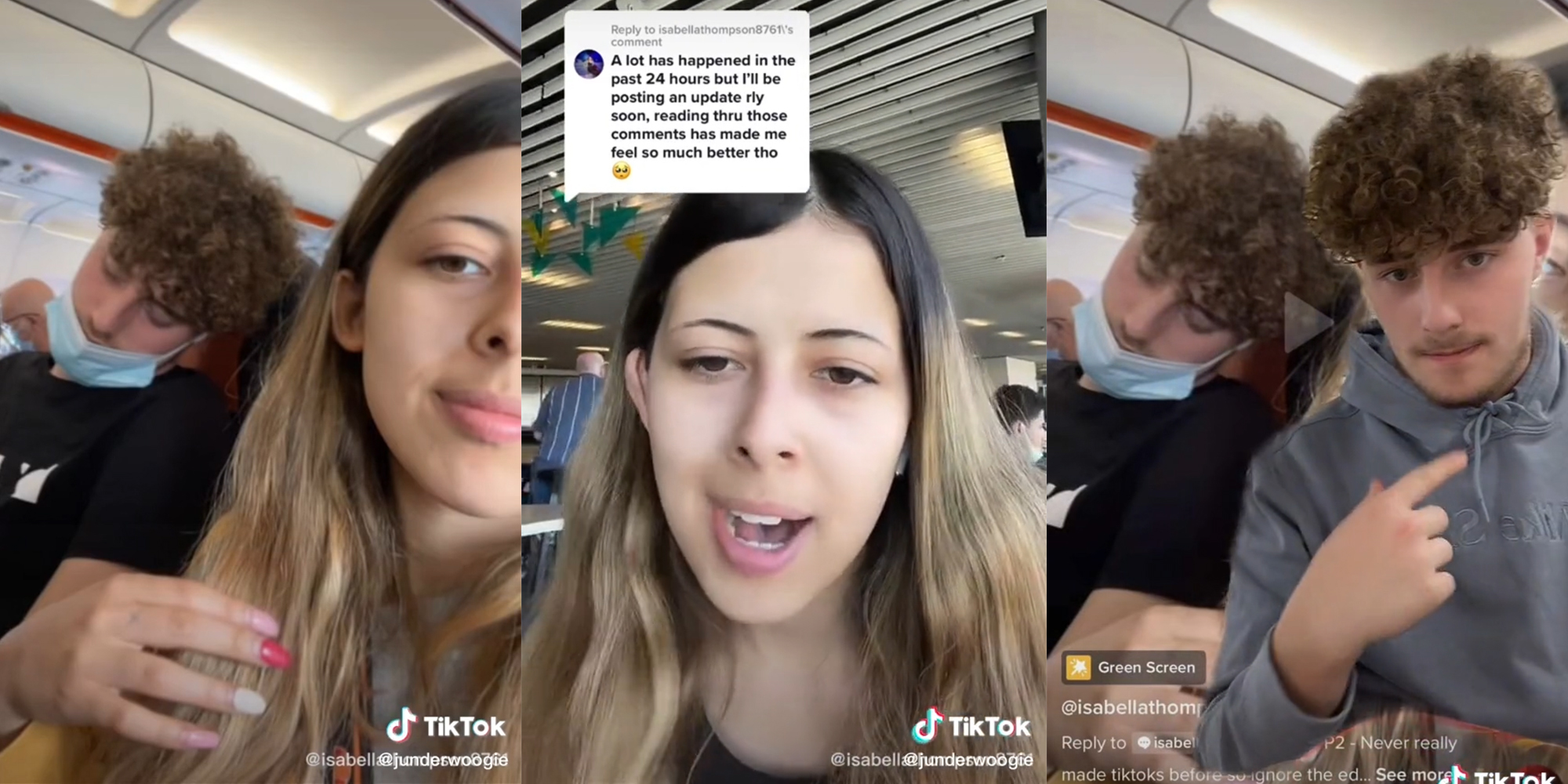 young man asleep on airplane with young woman (l) young woman with caption "a lot has happened in the past 24 hours but i'll be posting an update rly soon, reading thru those comments has made me feel so much better tho" (c) young man pointing to himself with the photo of him asleep on airplane as the background (r)