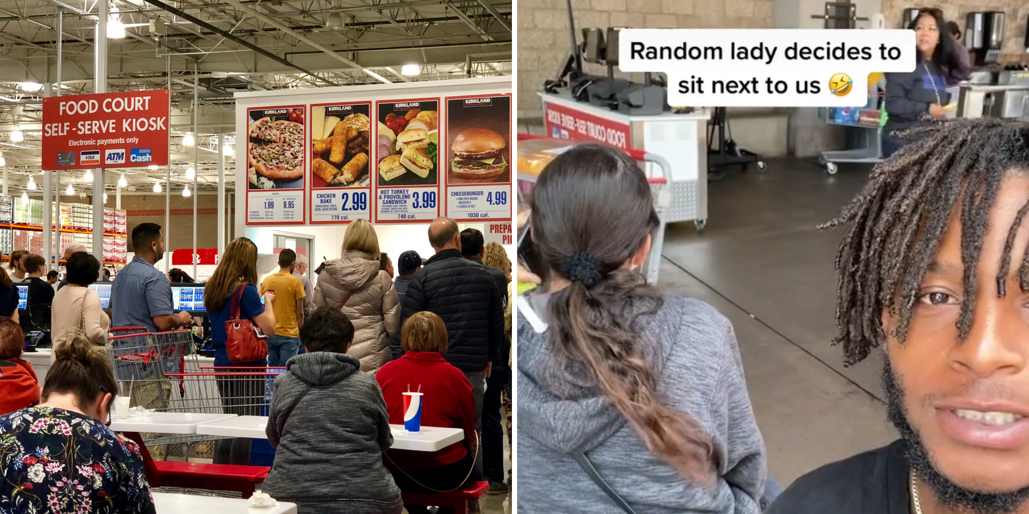 Costco food court with people sitting (l) Man in food court with woman next to him caption "Random lady decides to sit next to us" (r)