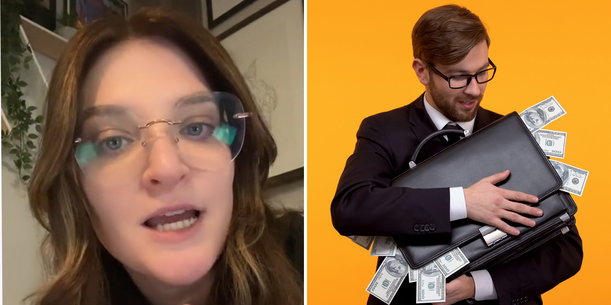 Woman speaking (l) Corporate man holding suitcase of cash spilling out on yellow background (r)