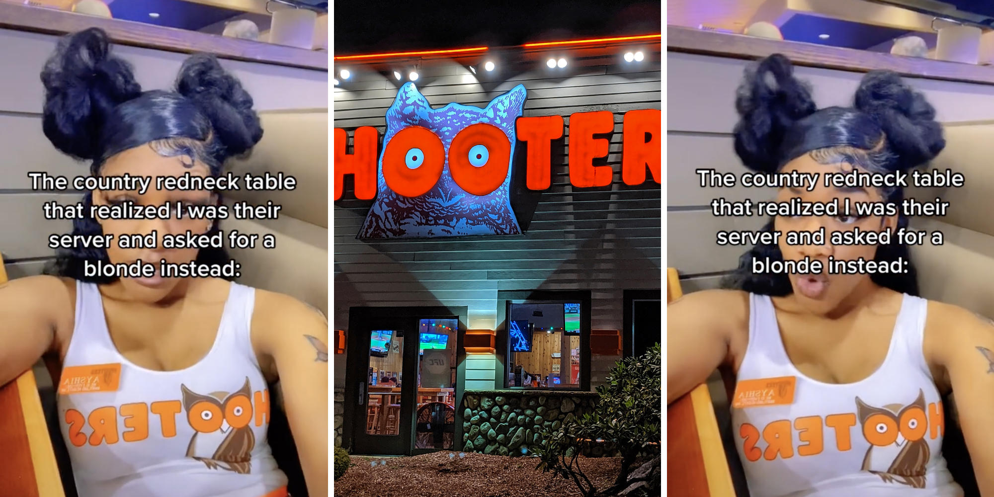 black woman looking at camera (l) (r) hooters restaurant (m)