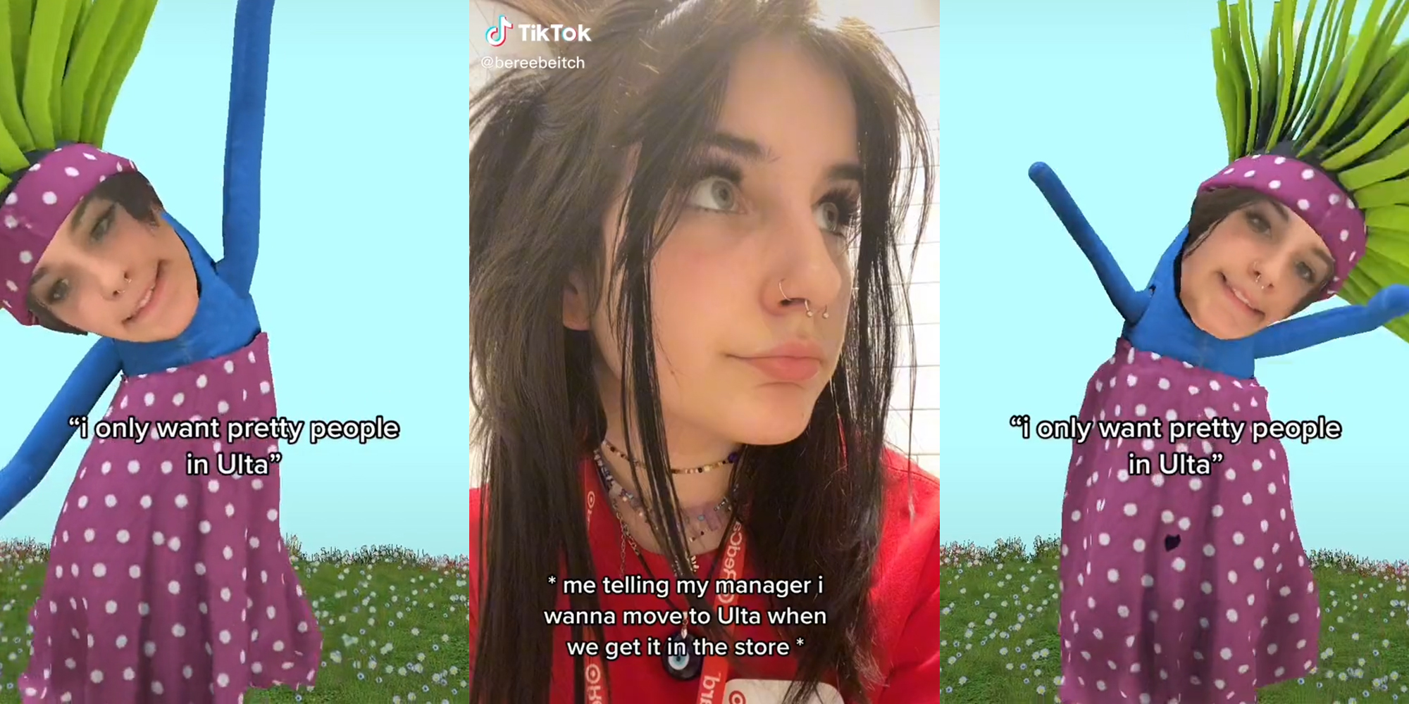 young woman dancing with caption "i only want pretty people in Ulta" (l&r) young woman in target uniform with caption "me telling my manager i wanna move to Ulta when we get it in the store" (c)