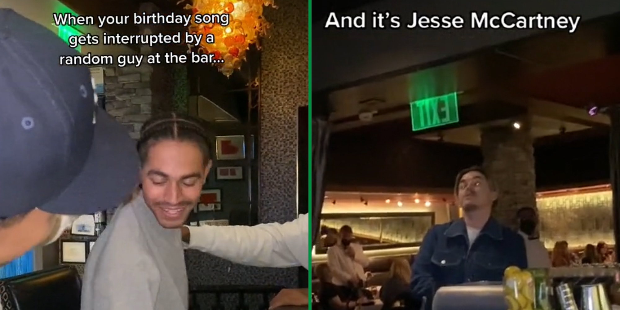 Man smiling friend hand on shoulder caption "When your birthday song gets interrupted by a random guy at the bar..." (l) Jesse McCartney at bar singing caption " and its Jesse McCartney" (r)