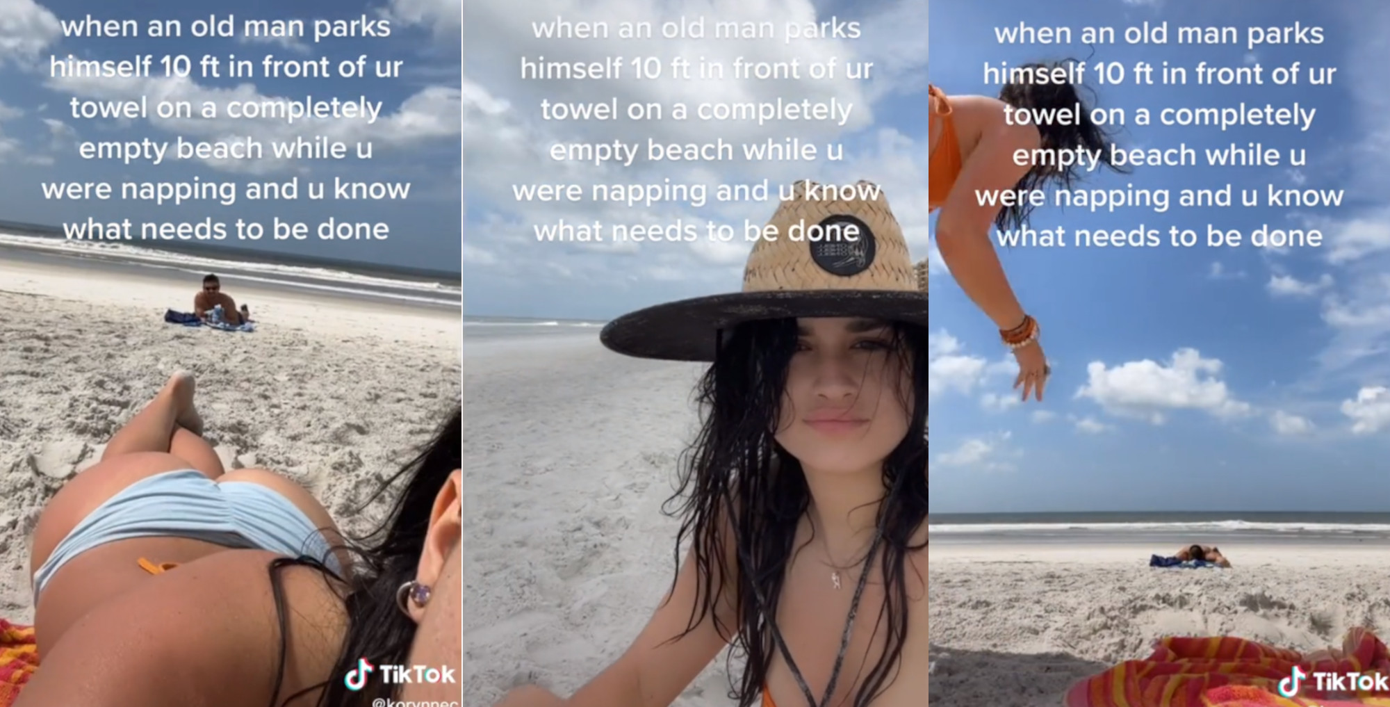Man gets too close to woman on beach towel TikTok