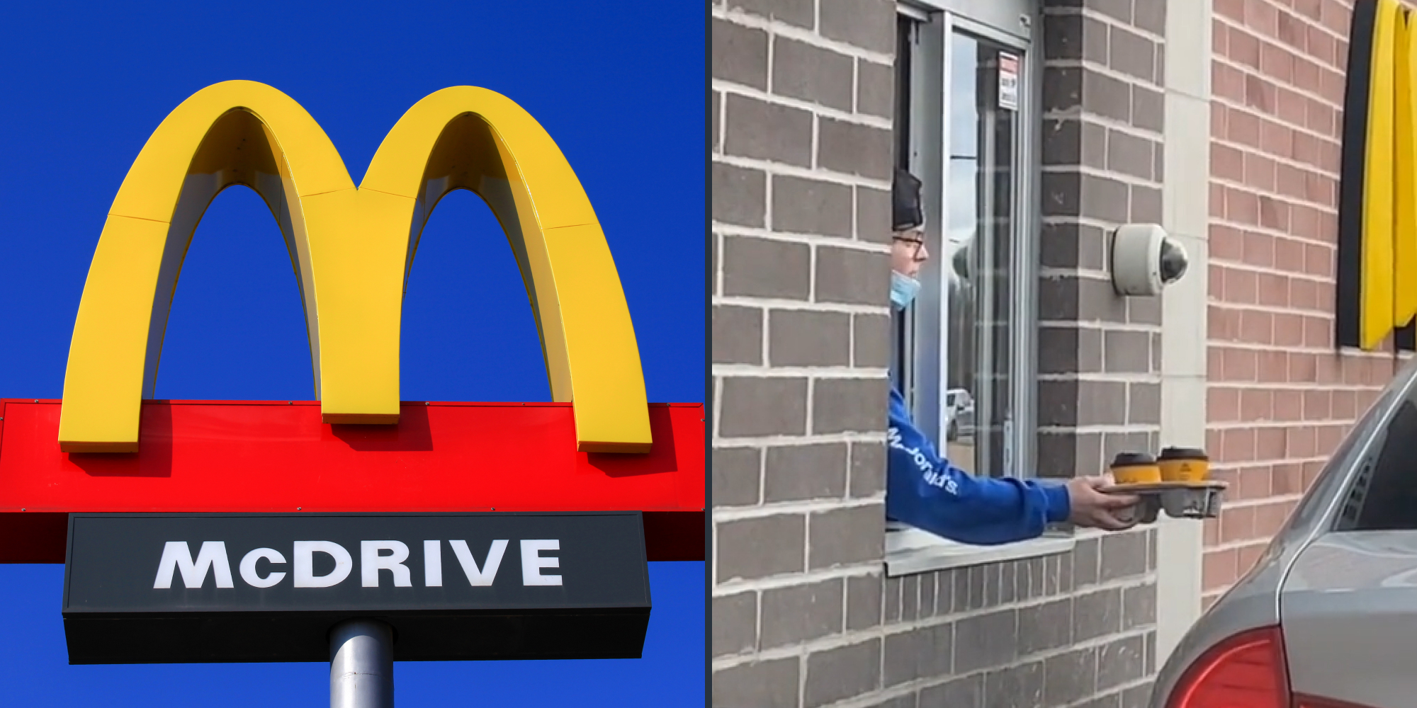 Mcdonald's sign with sky (l) McDonald's worker holding drinks at window drive through (r)