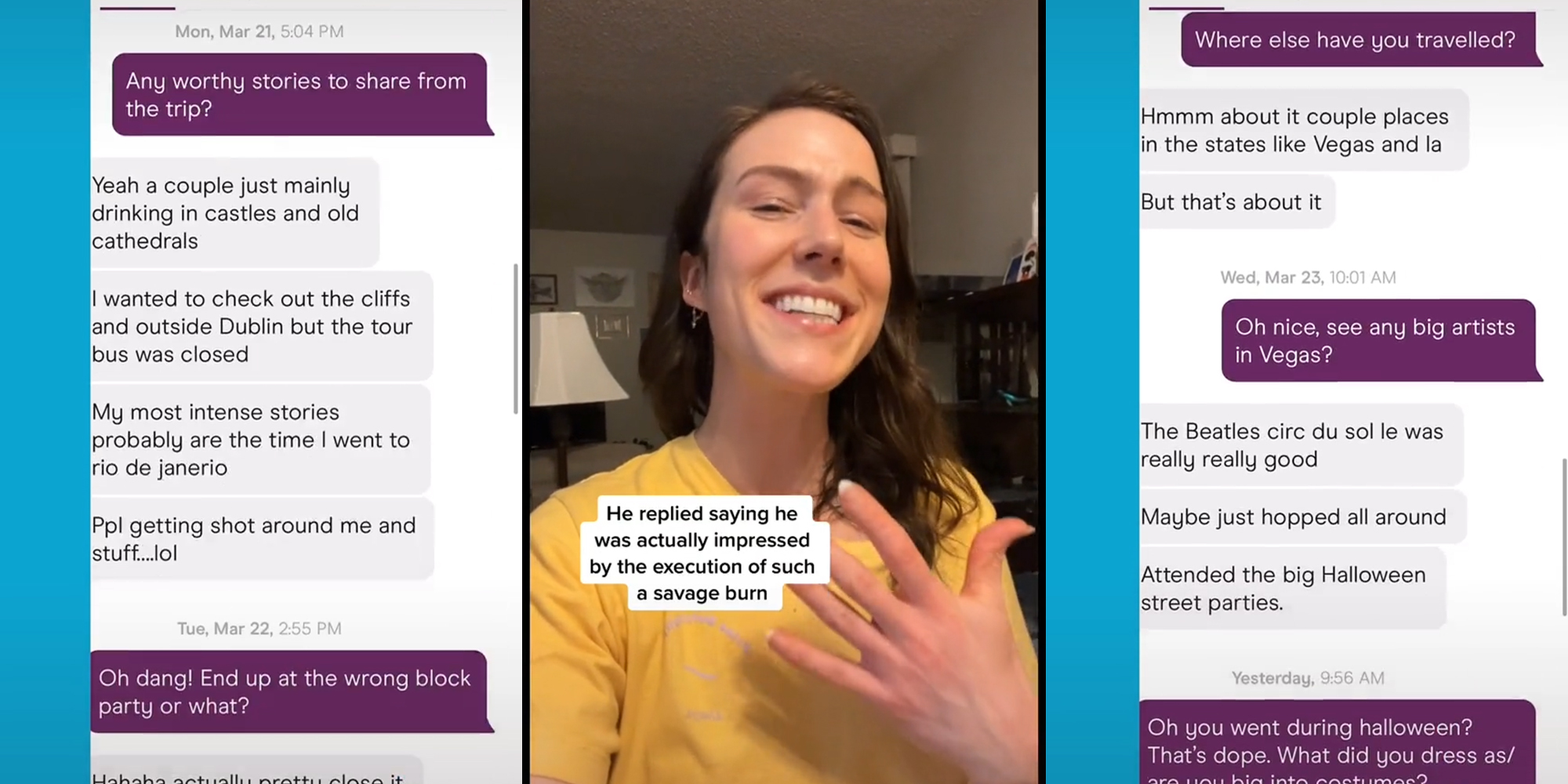young woman with dm conversations and caption "he replied saying he was actually impressed by the execution of a such a savage burn"