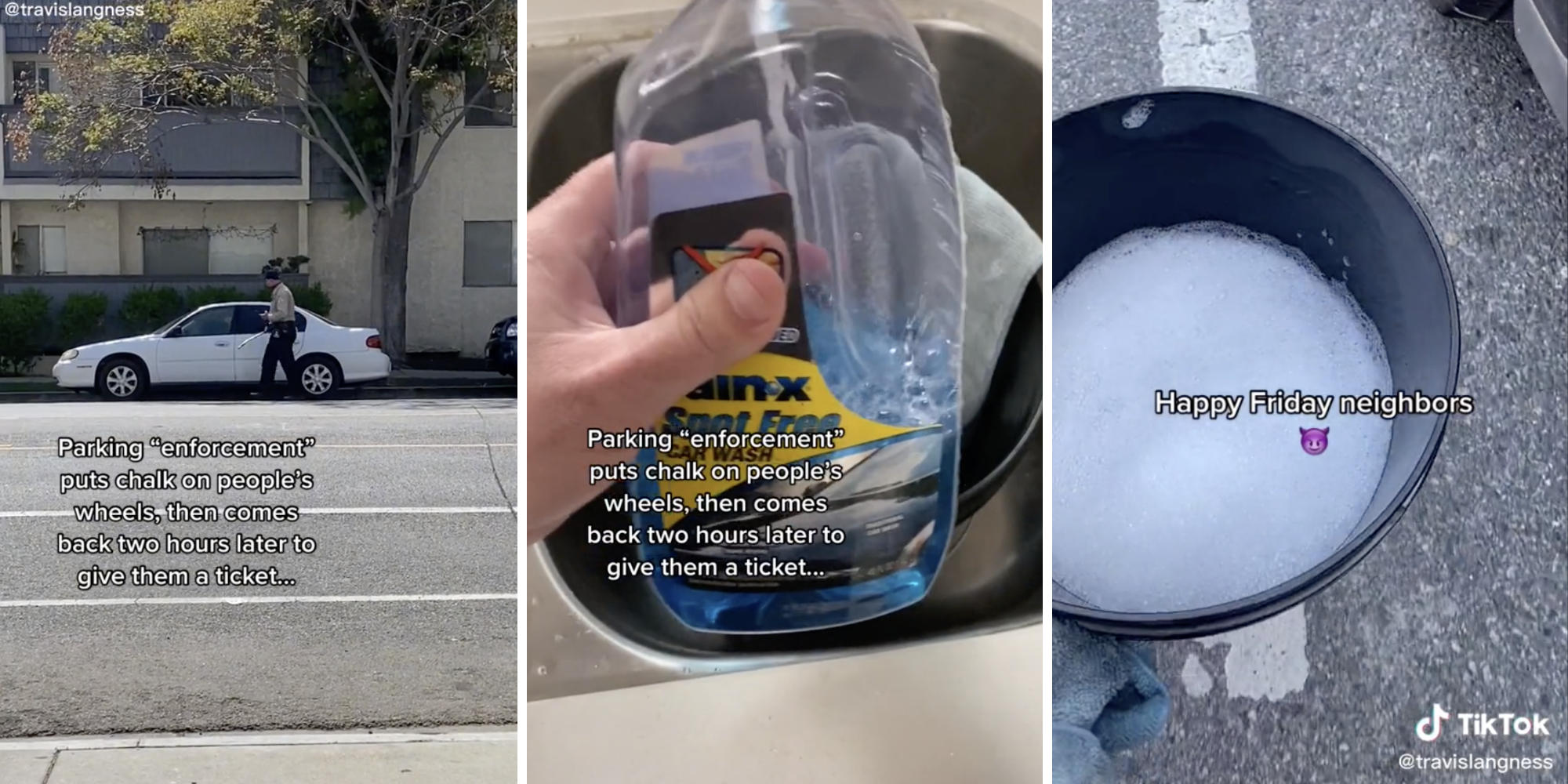 park enforcement member putting tickets on cars (l) person mixing car wash detergent in a bucket (m) person applying mixture to tire wheels (r)
